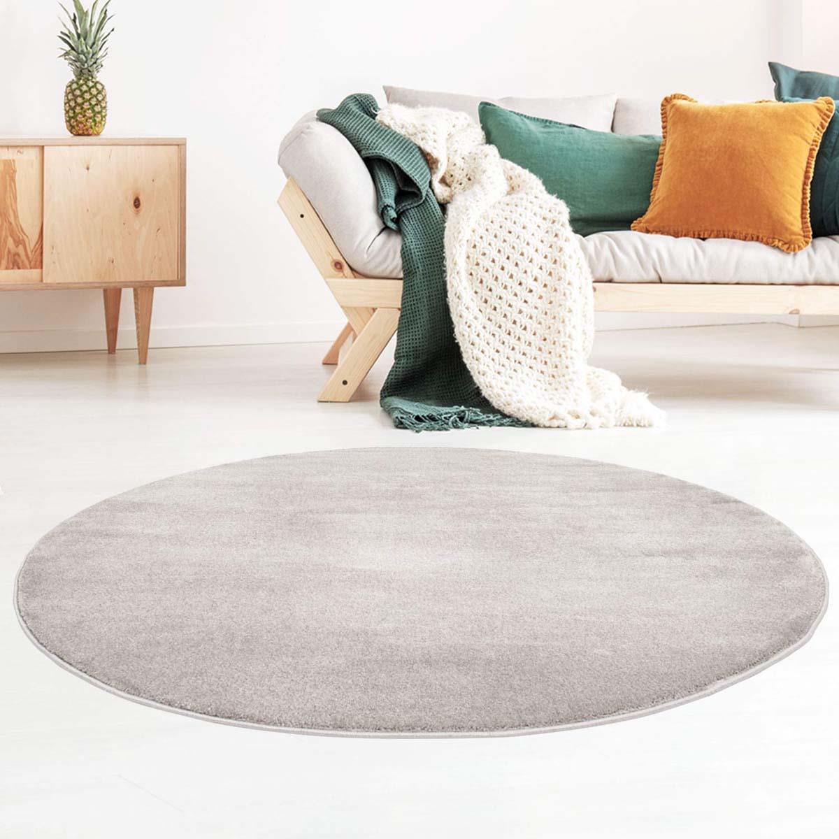 Tapeso Rond vloerkleed effen velours Gala - grijs - 120 cm rond
