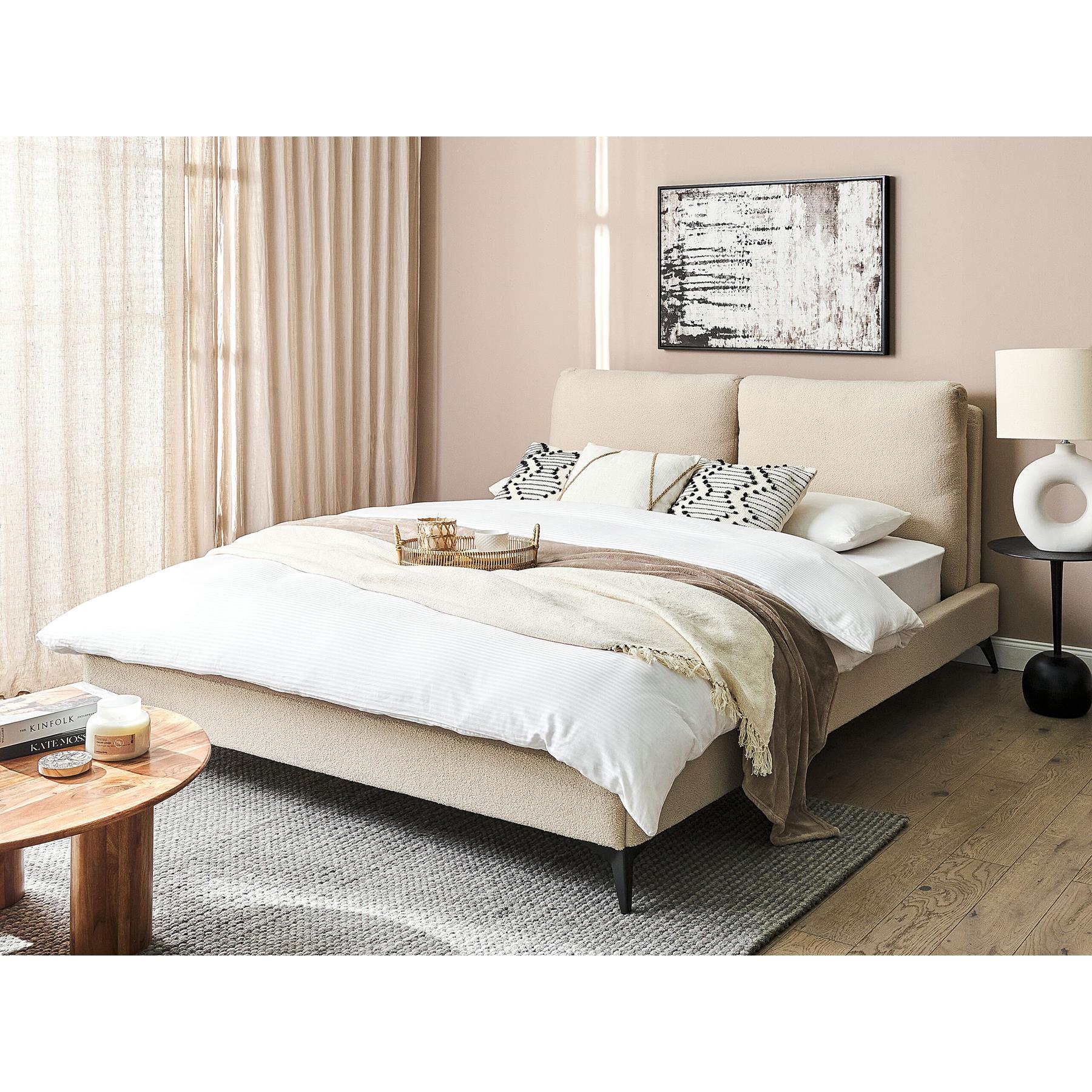 Beliani-MELLE -Tweepersoonsbed-Lichtbeige-160 x 200 cm-Bouclé