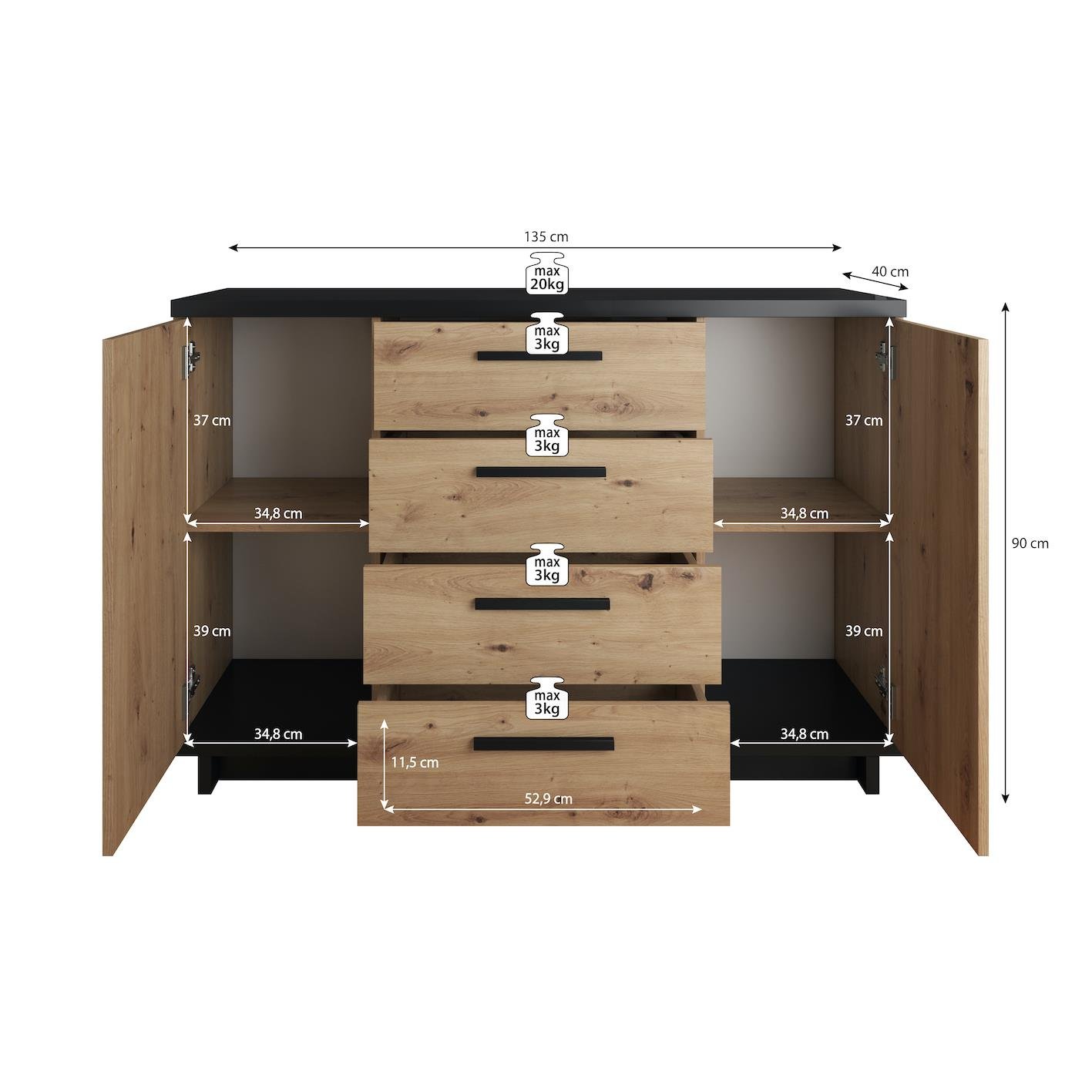 Meubella Dressoir Incala - Eiken - Zwart - 135 cm