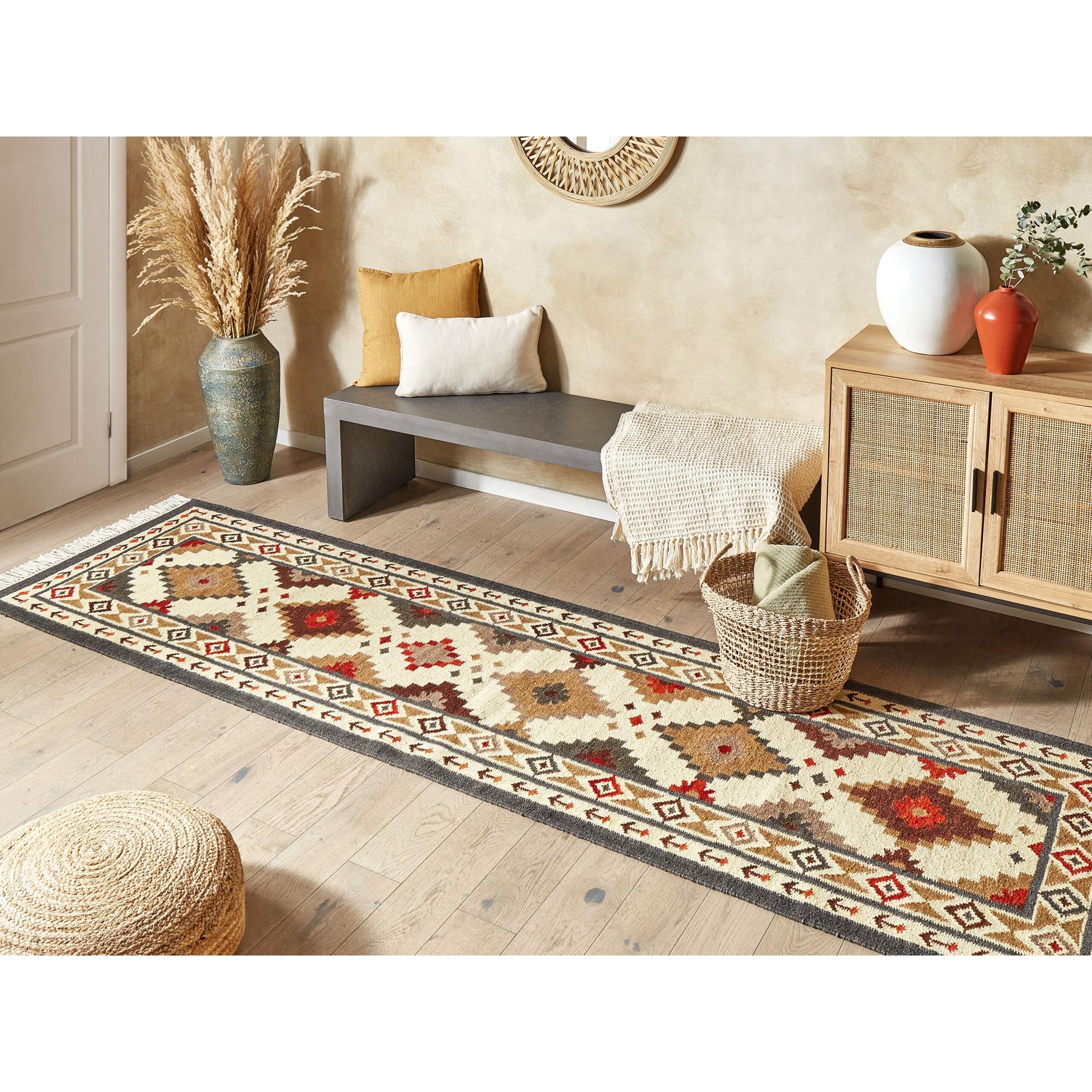 Beliani-GHUKASAVAN-Kelim vloerkleed-Mosterdgeel-80 x 300 cm-Wol