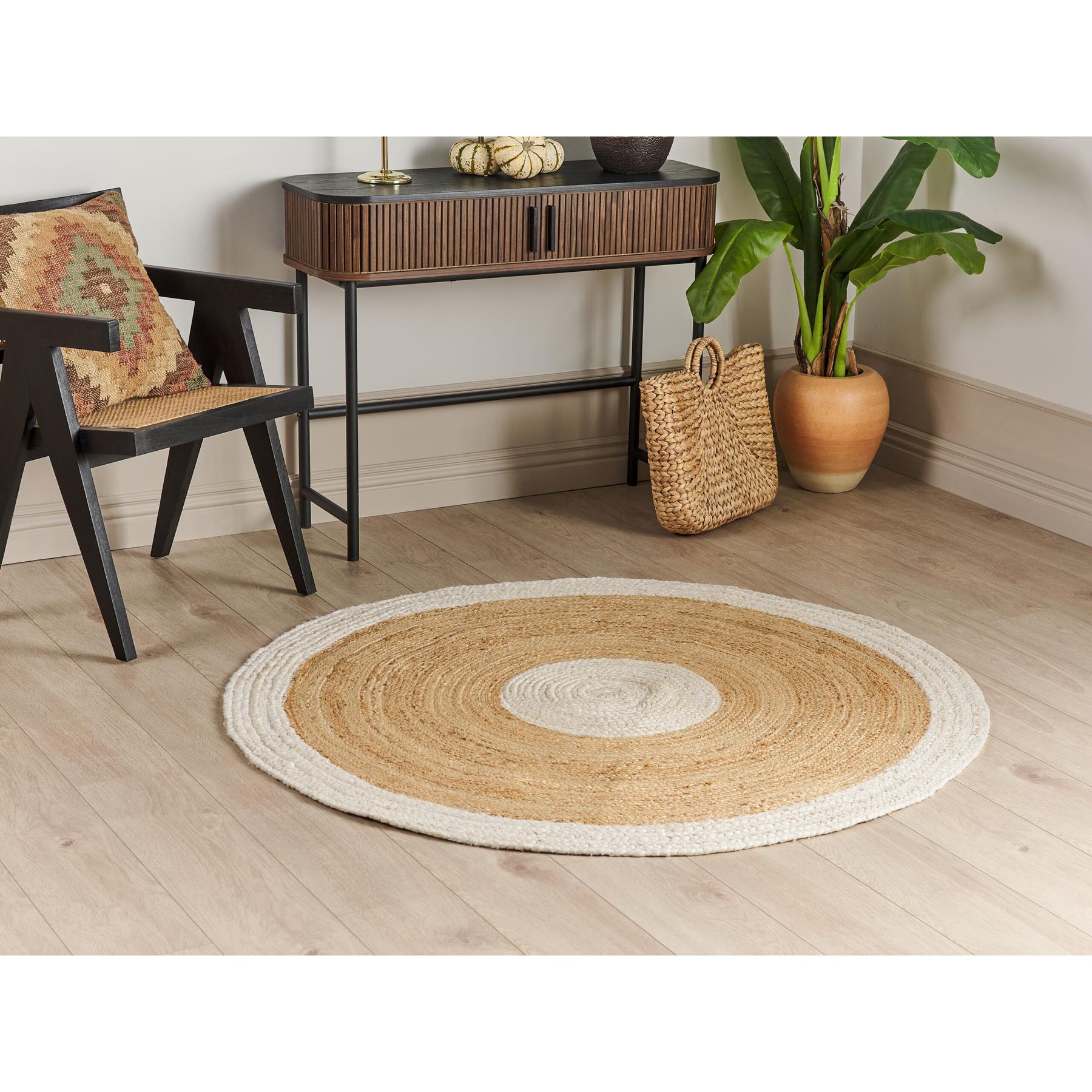 Beliani - YAYALAR - Laagpolig vloerkleed - Beige|Wit - ø 140 cm - Jute
