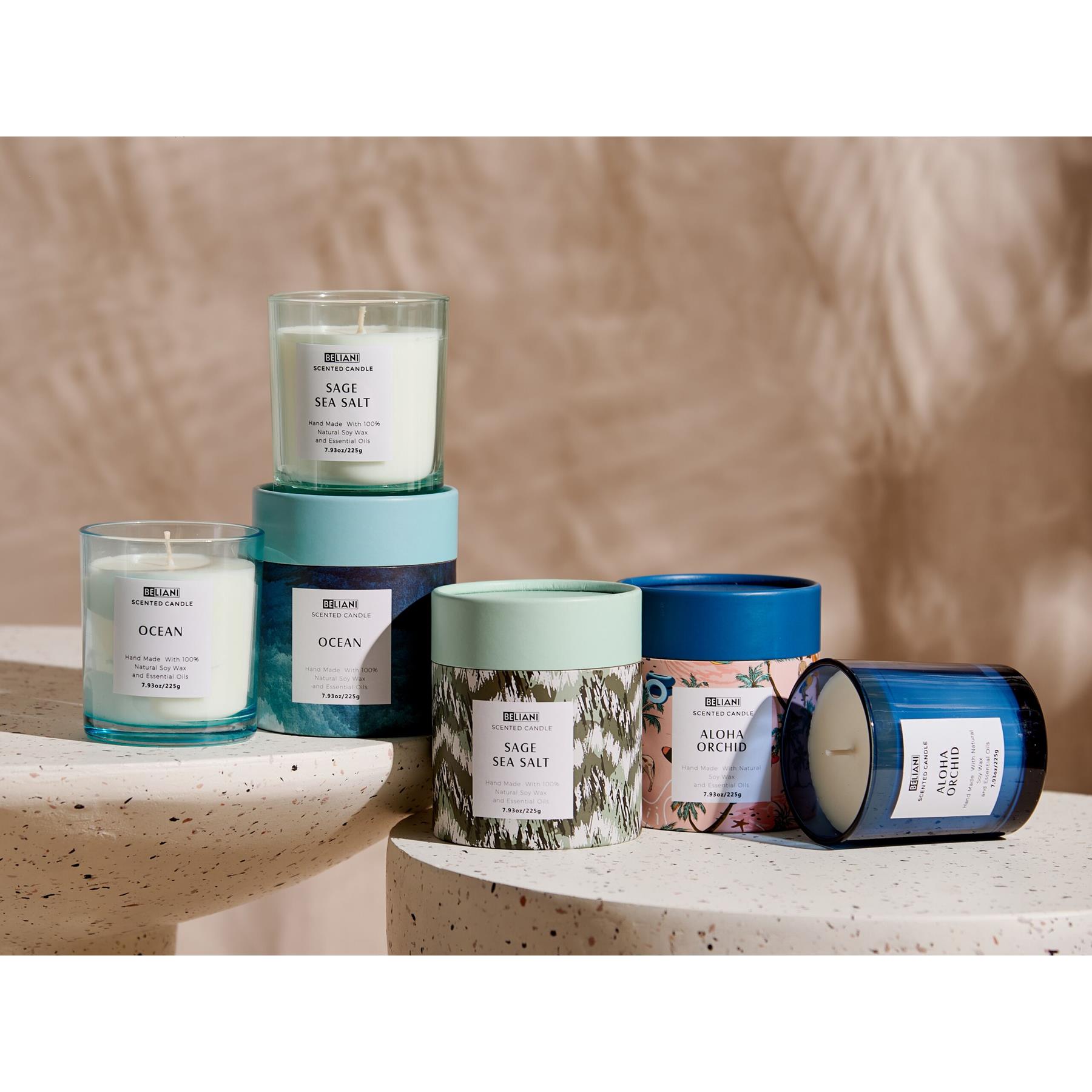 Beliani-COLORFUL BARREL-Geurkaars set-Salie Zout|Zee|Orchidee-Soja wax