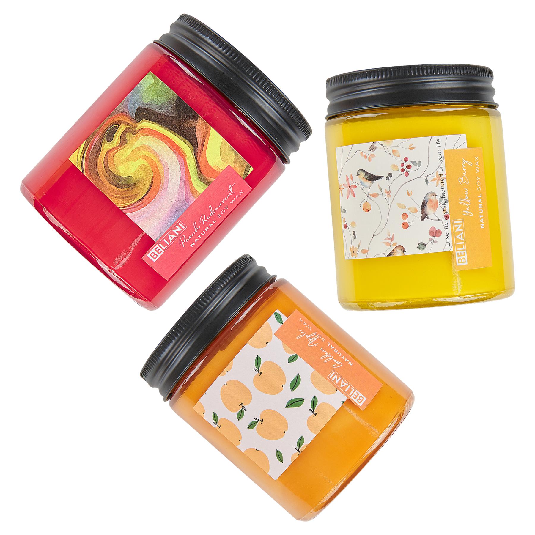 Beliani-FRUITY BLOOM-Geurkaars set-Bes|Gele bes|Gouden appel-Soja wax