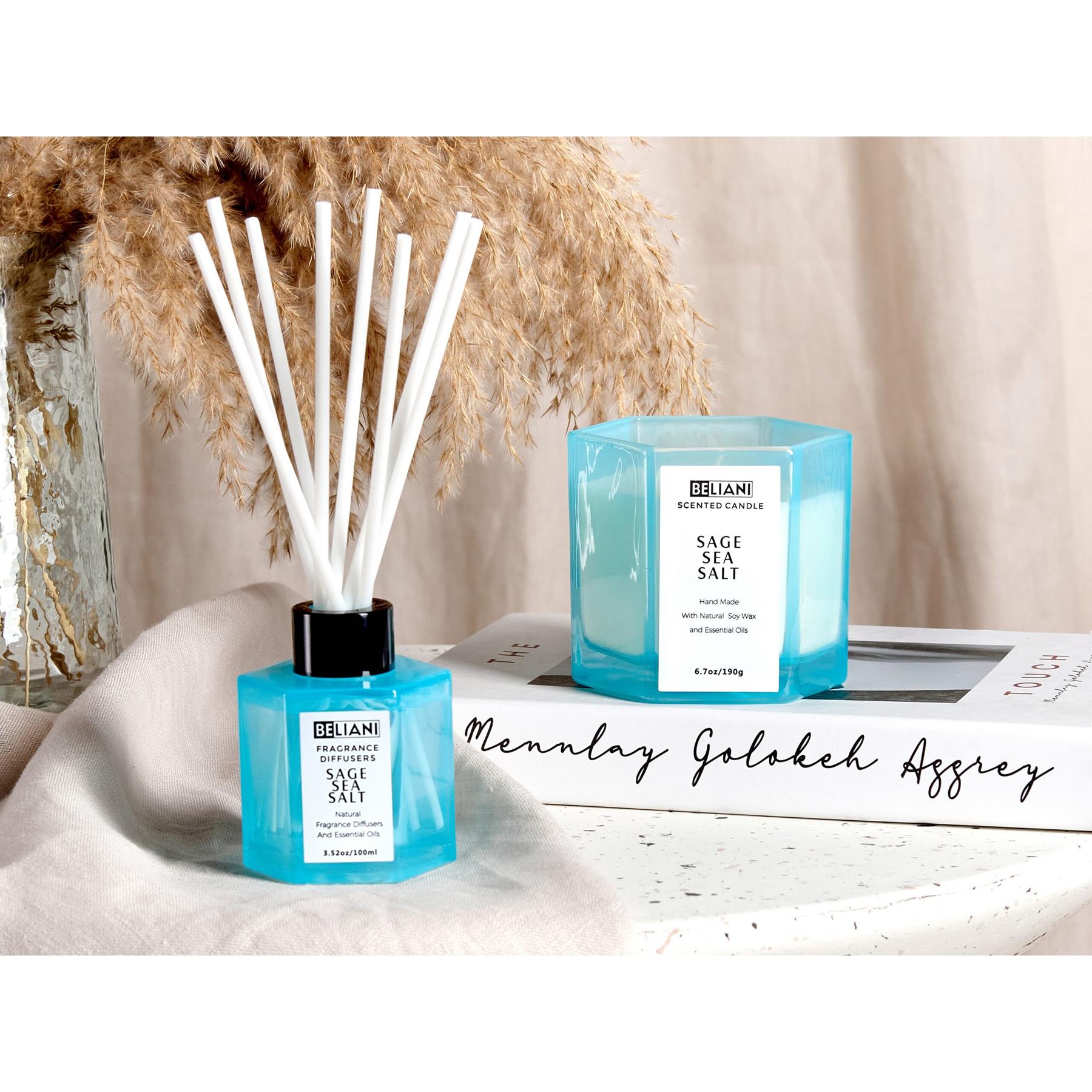 Beliani-CLASSY TINT-Geurkaars en geurstokjes-Salie Zeezout- Soja wax