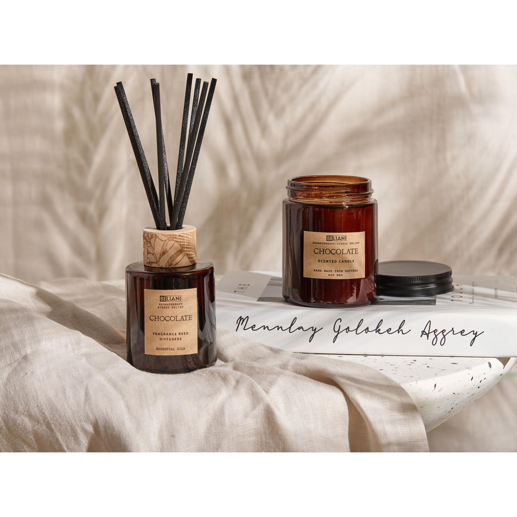 Beliani-DARK ELEGANCE-Geurkaars met geurstokjes-Chocolade-Soja wax