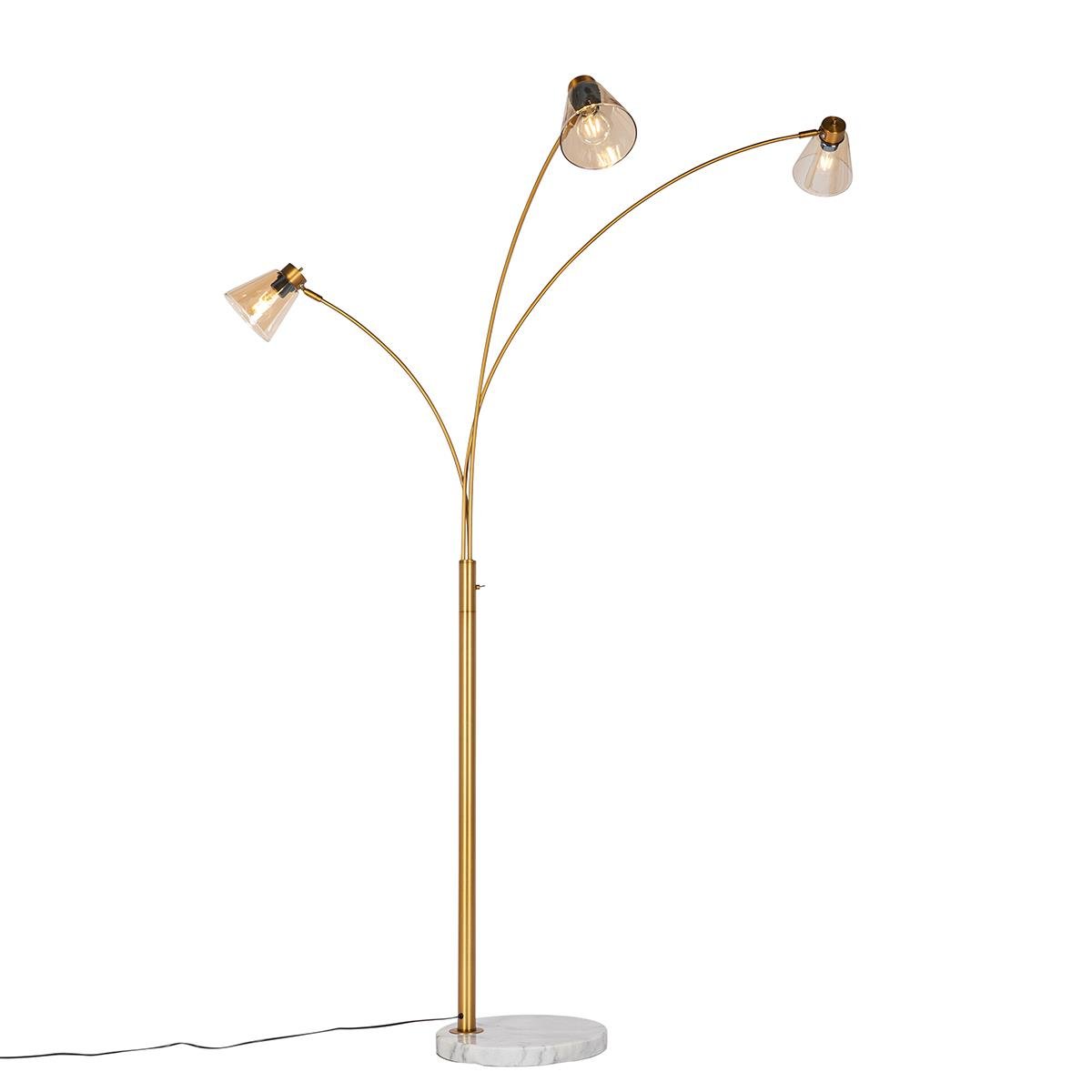 QAZQA Booglamp brons met marmer en amber glas 3-lichts - Nina