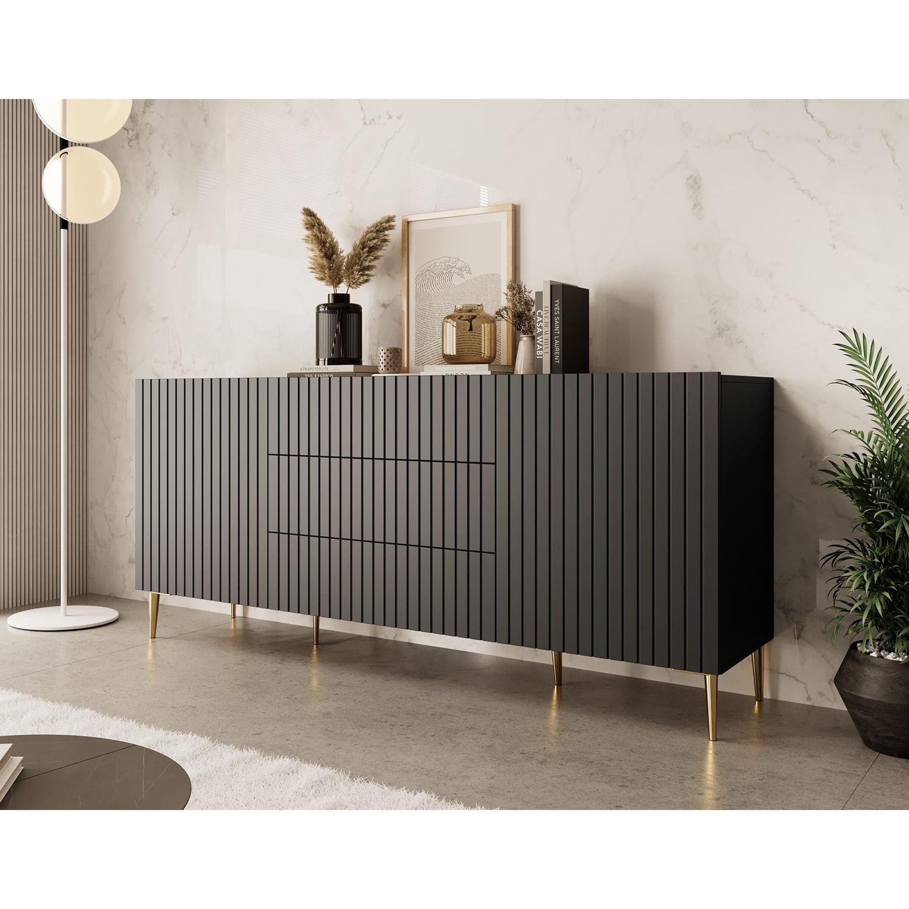 Meubella Dressoir King - Mat zwart - 180 cm - Met lades