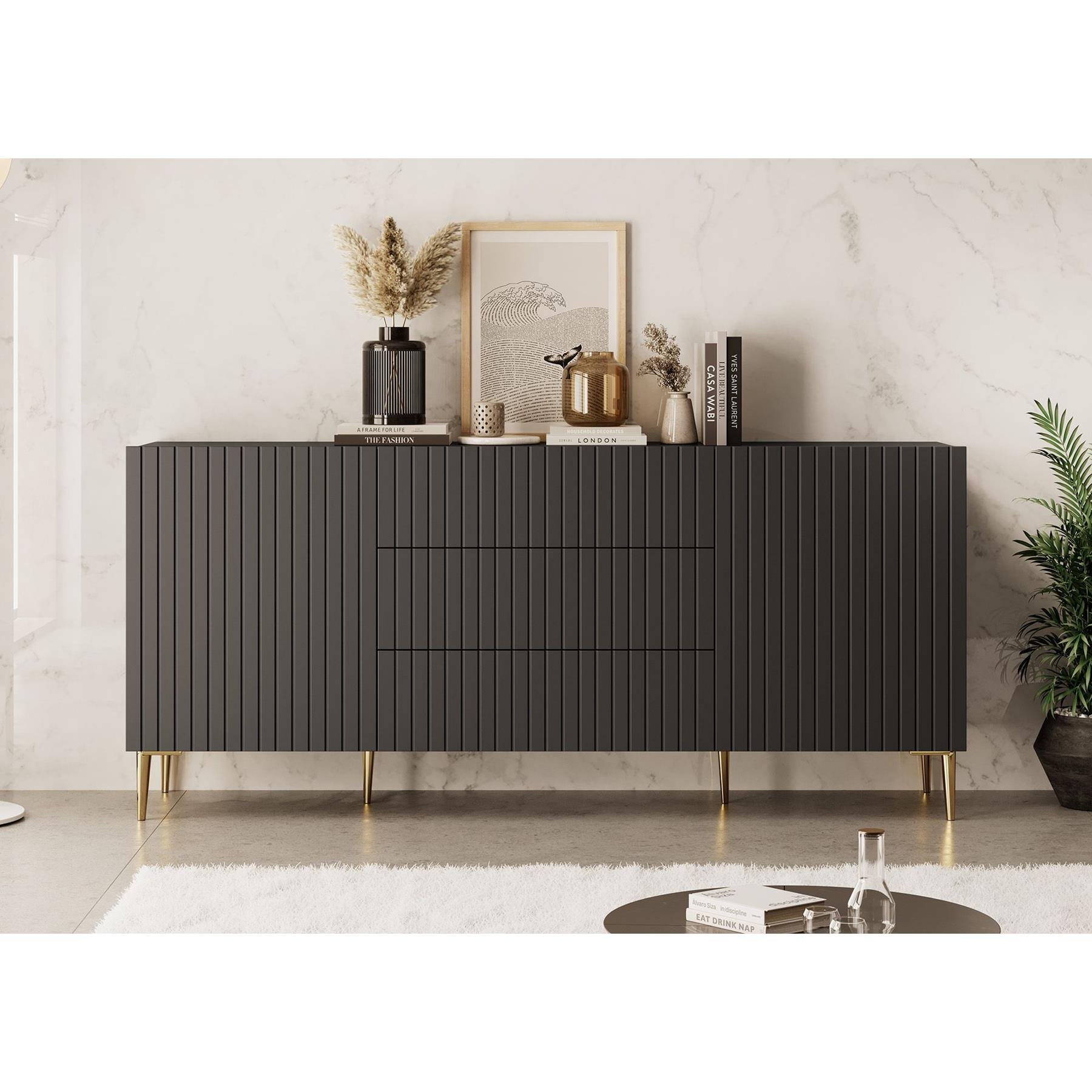 Meubella Dressoir King - Mat zwart - 180 cm - Met lades