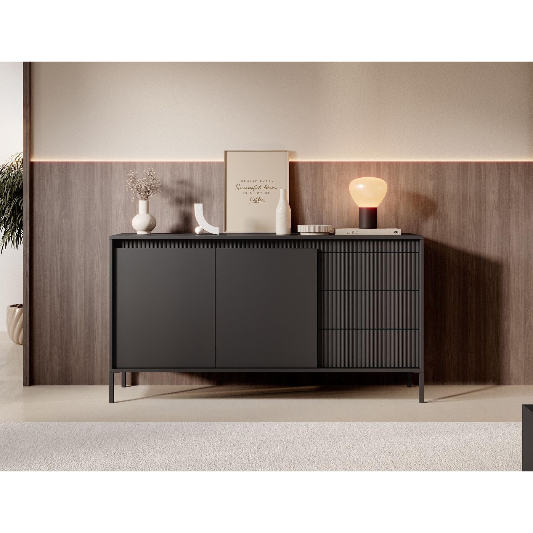 Meubella Dressoir Saran - Mat zwart - 153 cm