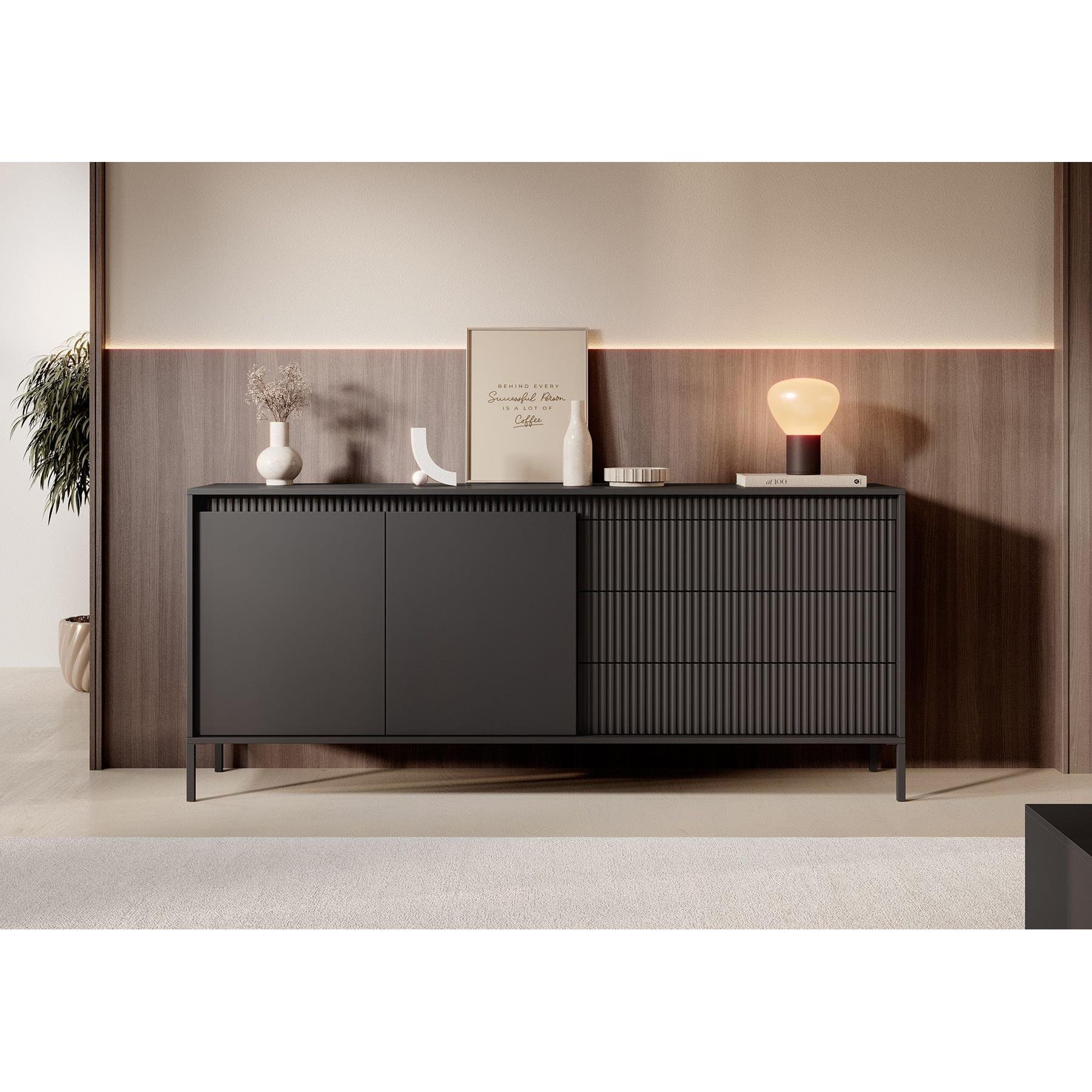 Meubella Dressoir Saran - Mat zwart - 187 cm