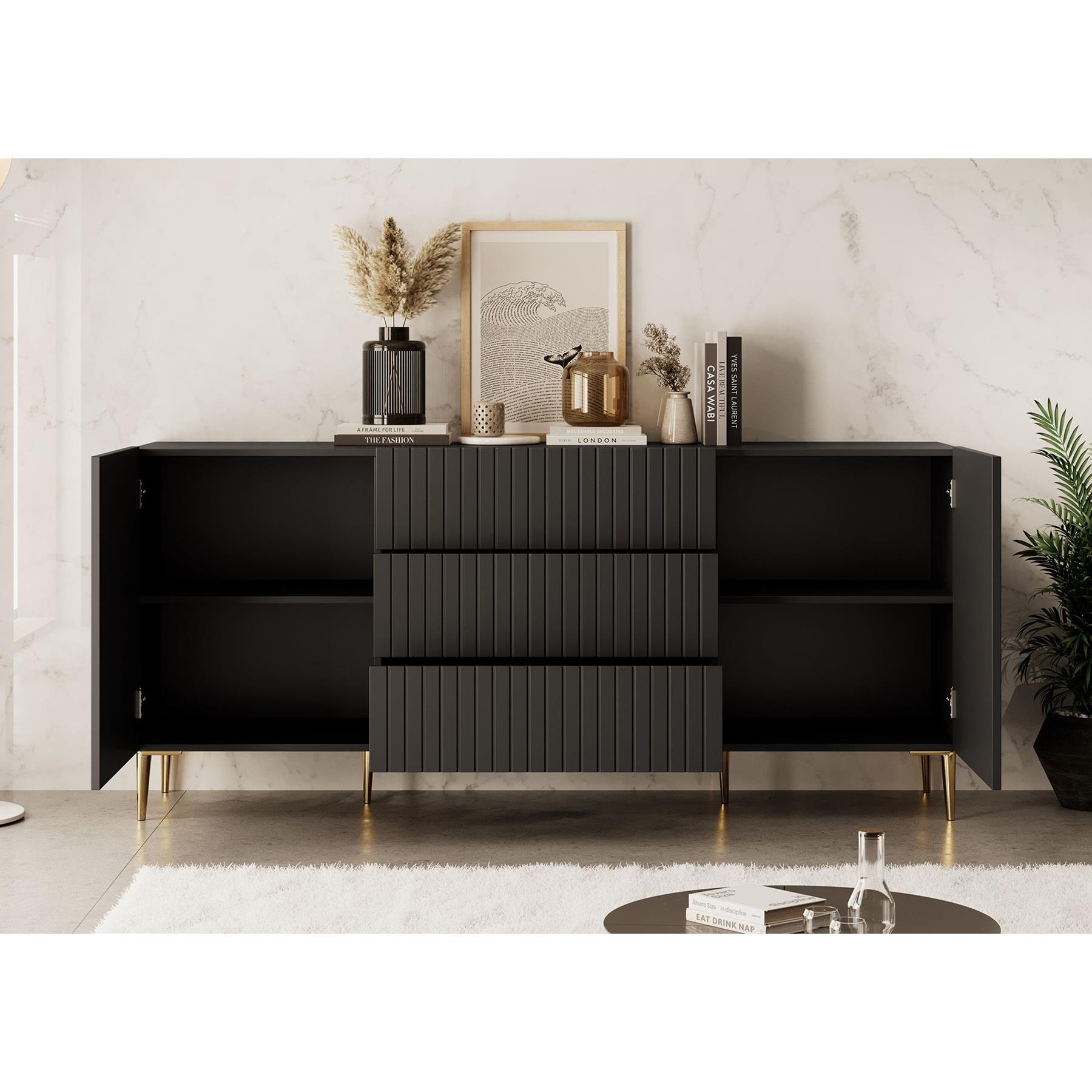 Meubella Dressoir King - Mat zwart - 180 cm - Met lades
