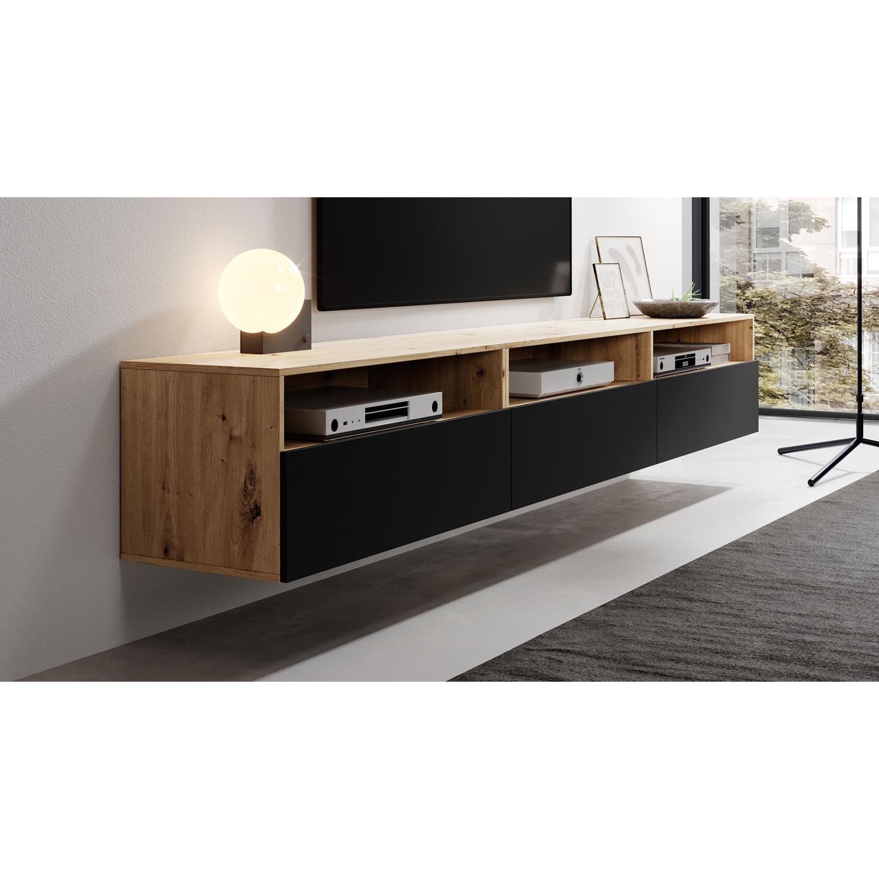 Meubella TV-Meubel Bolivar - Mat zwart - Eiken - 270 cm