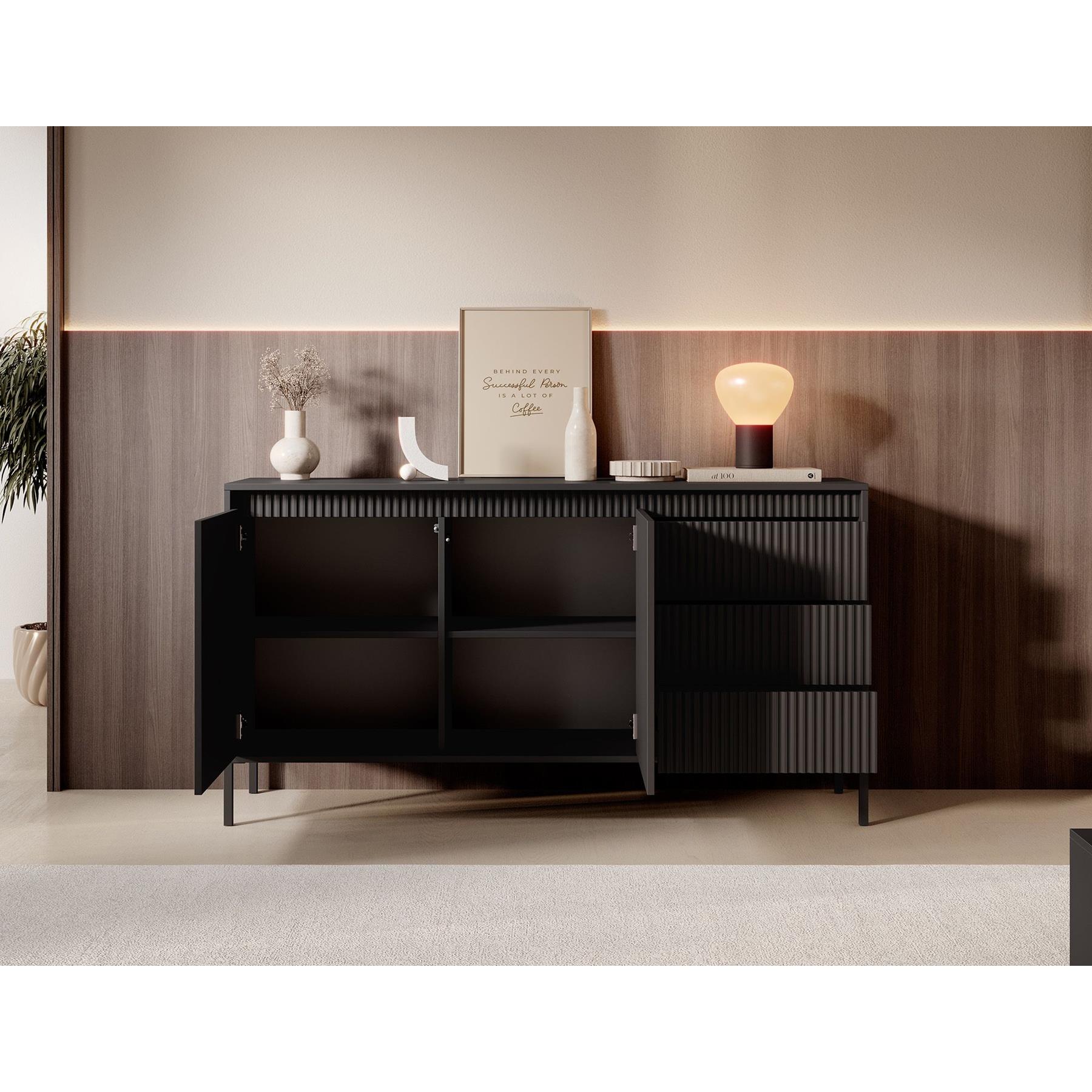 Meubella Dressoir Saran - Mat zwart - 153 cm