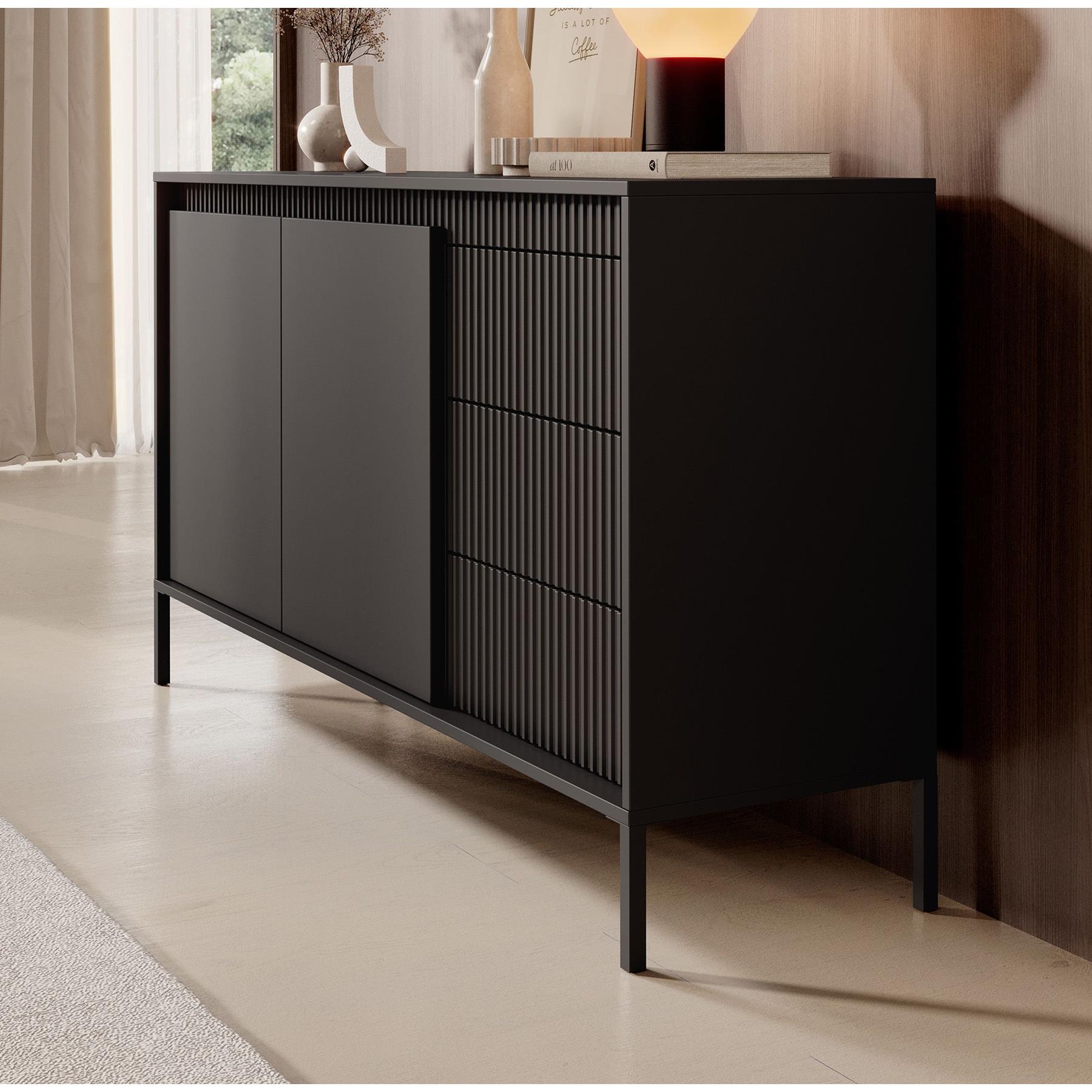 Meubella Dressoir Saran - Mat zwart - 153 cm