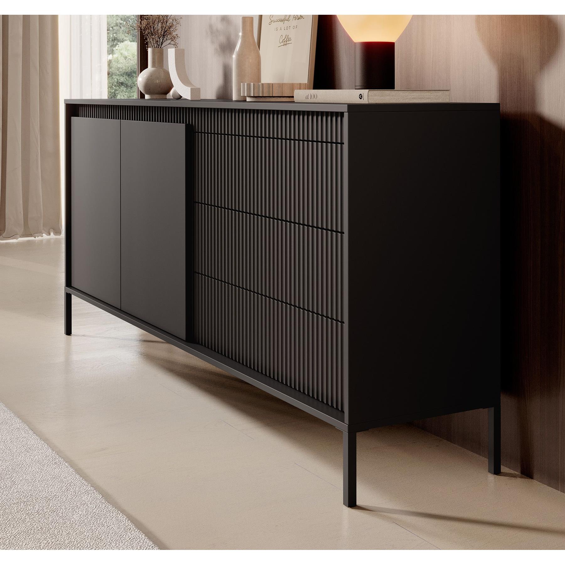 Meubella Dressoir Saran - Mat zwart - 187 cm