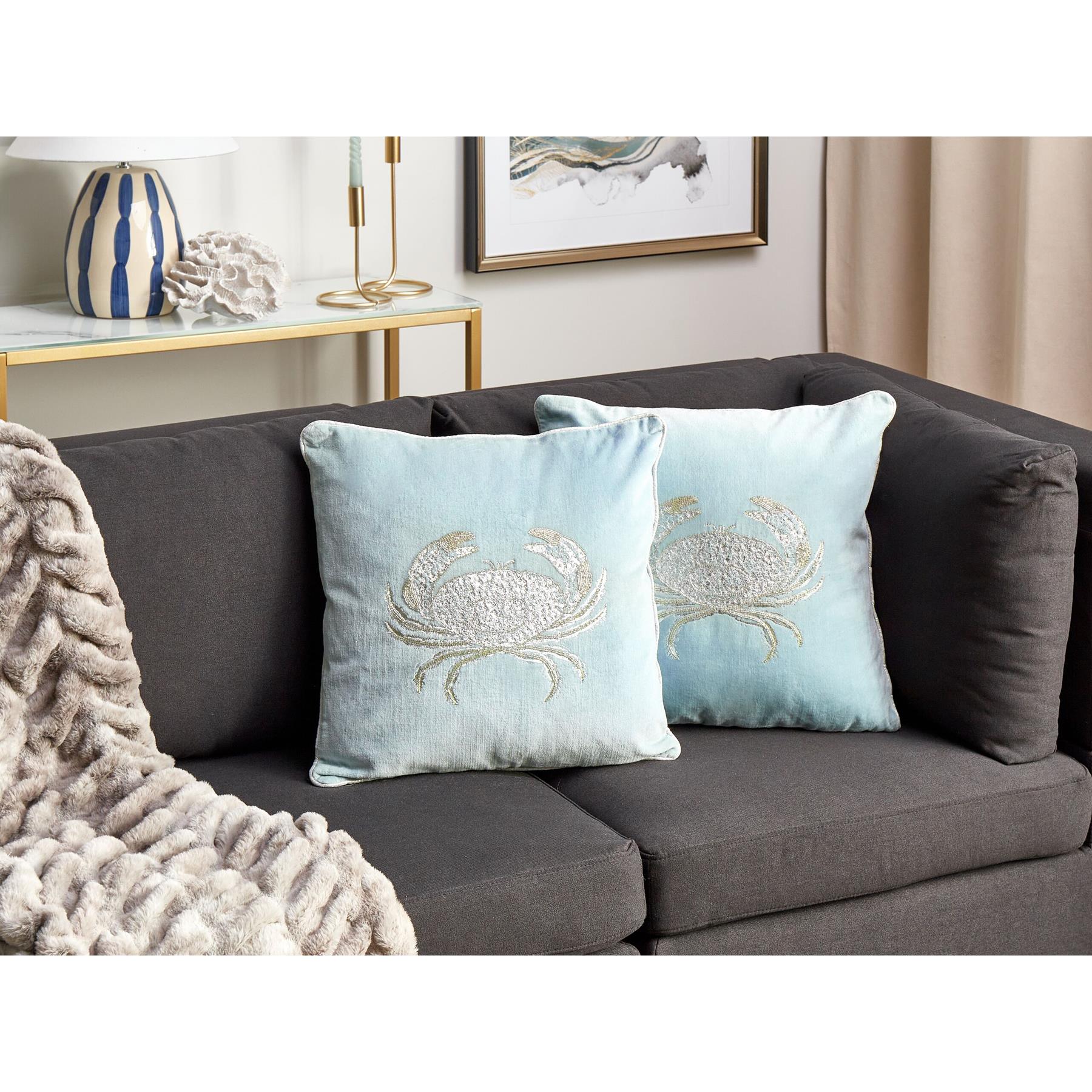 Beliani-BOSSIELLA-Sierkussen set van 2-Blauw-45 x 45 cm-Fluweel