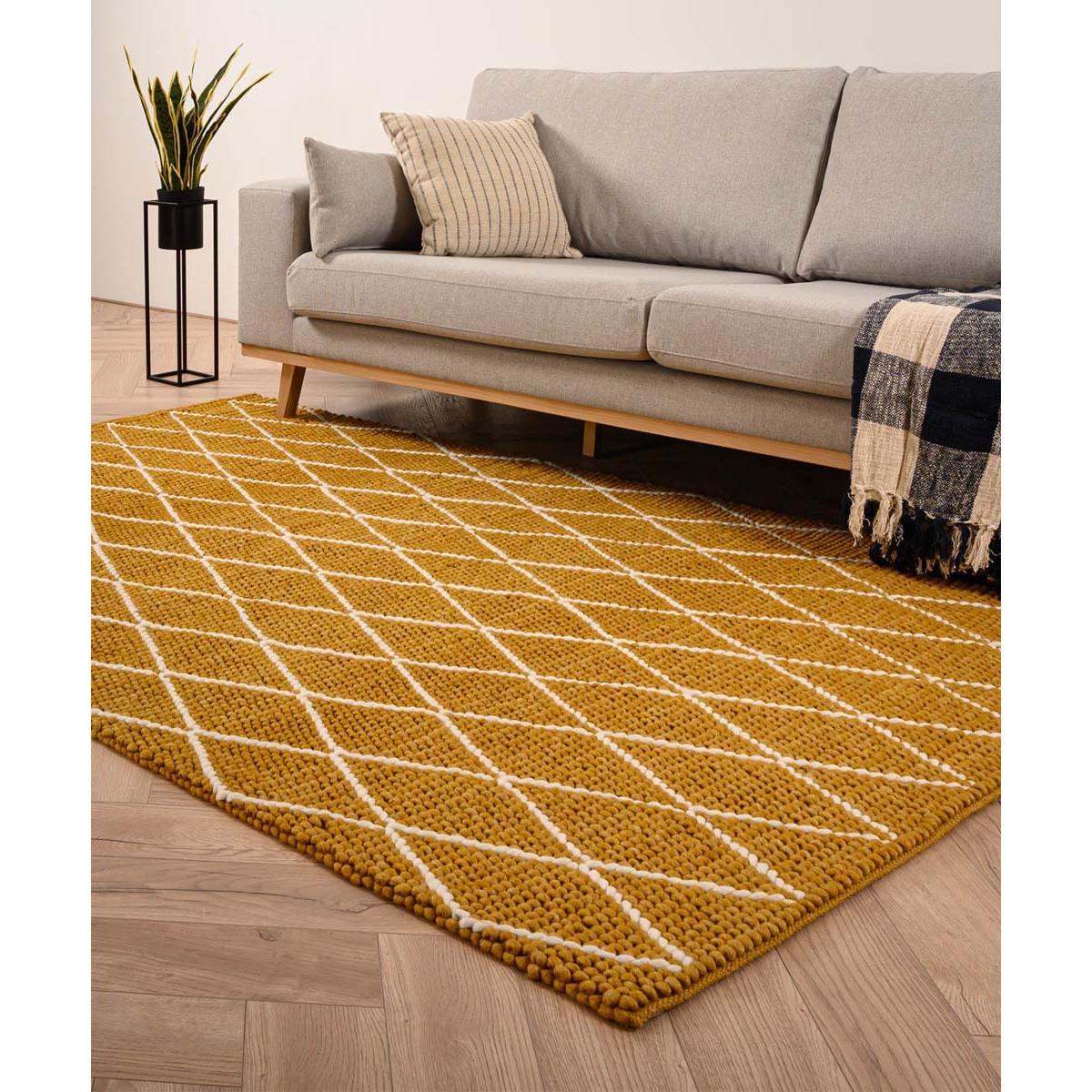 Nordic Weavers Wollen vloerkleed - ruiten Vinduer - okergeel|crème -