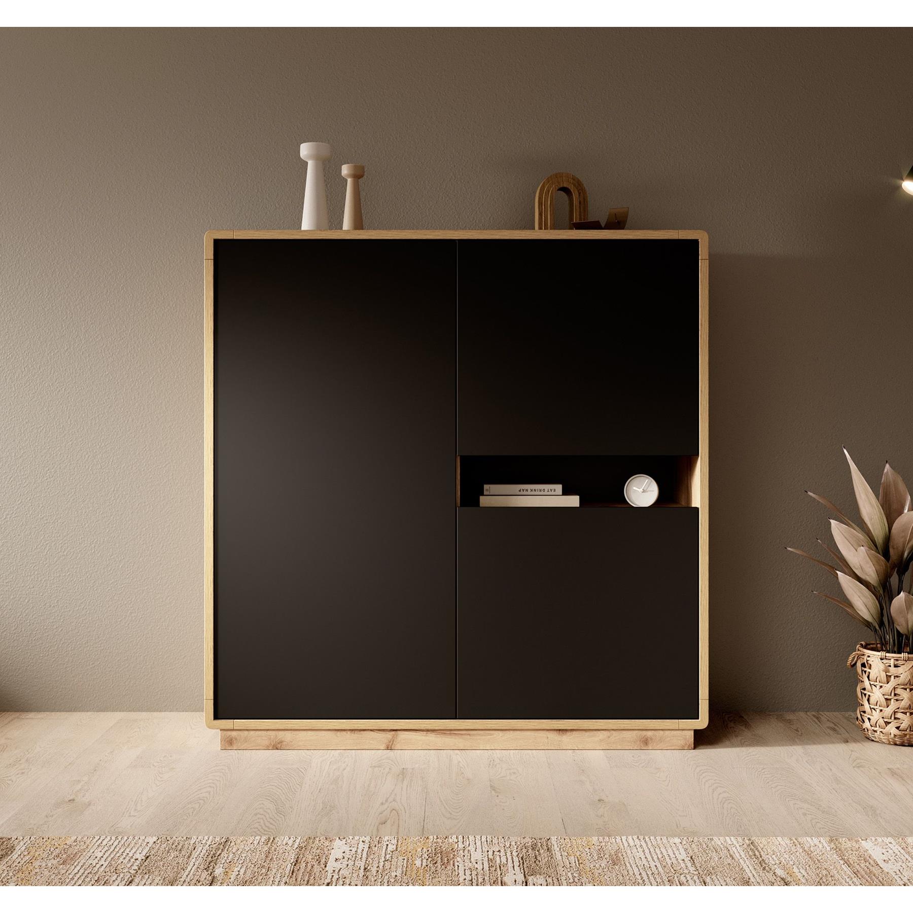 Meubella Opbergkast Acuna - Mat zwart - Eiken - 121 cm