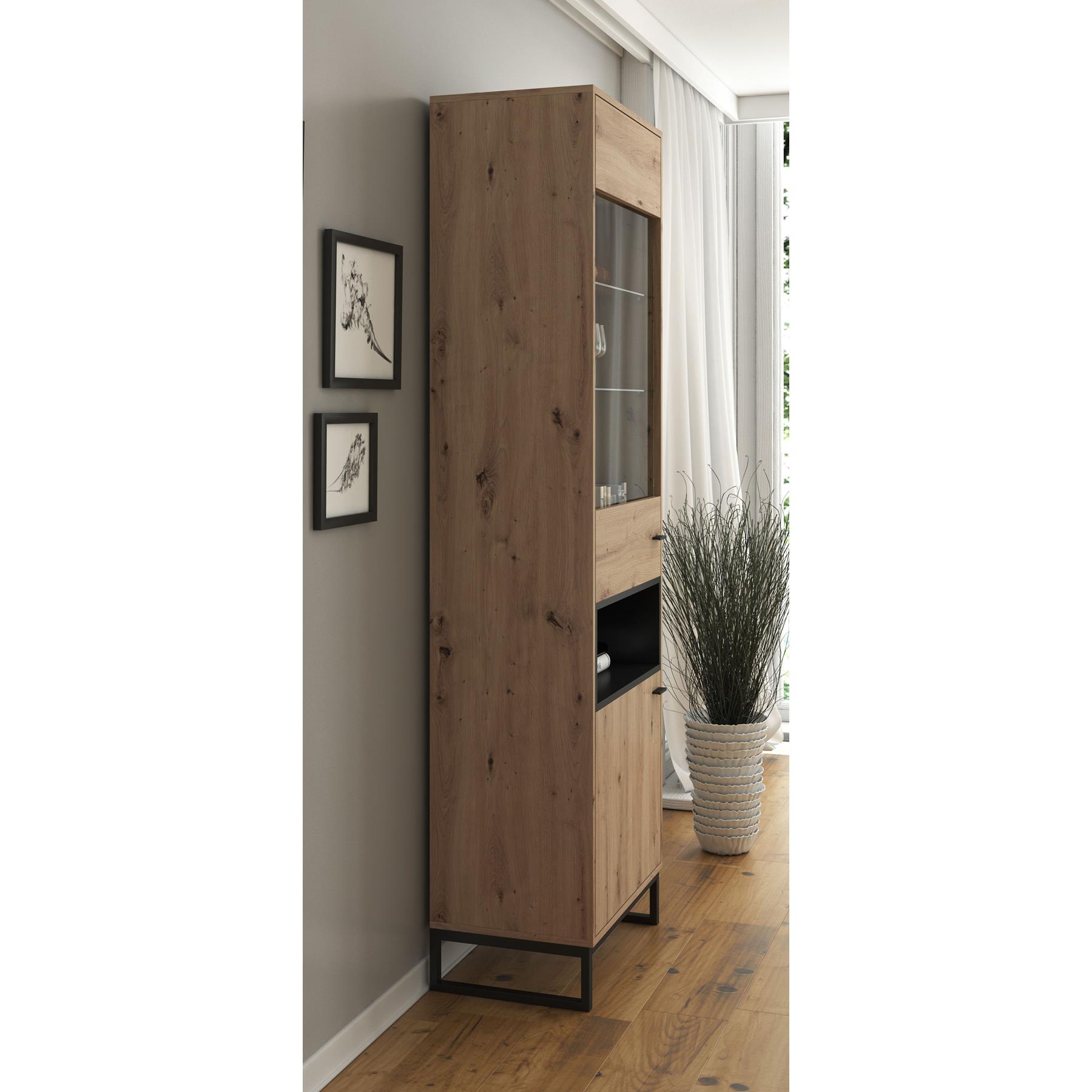 Meubella Vitrinekast Ozzy - Eiken - Zwart - 60 cm