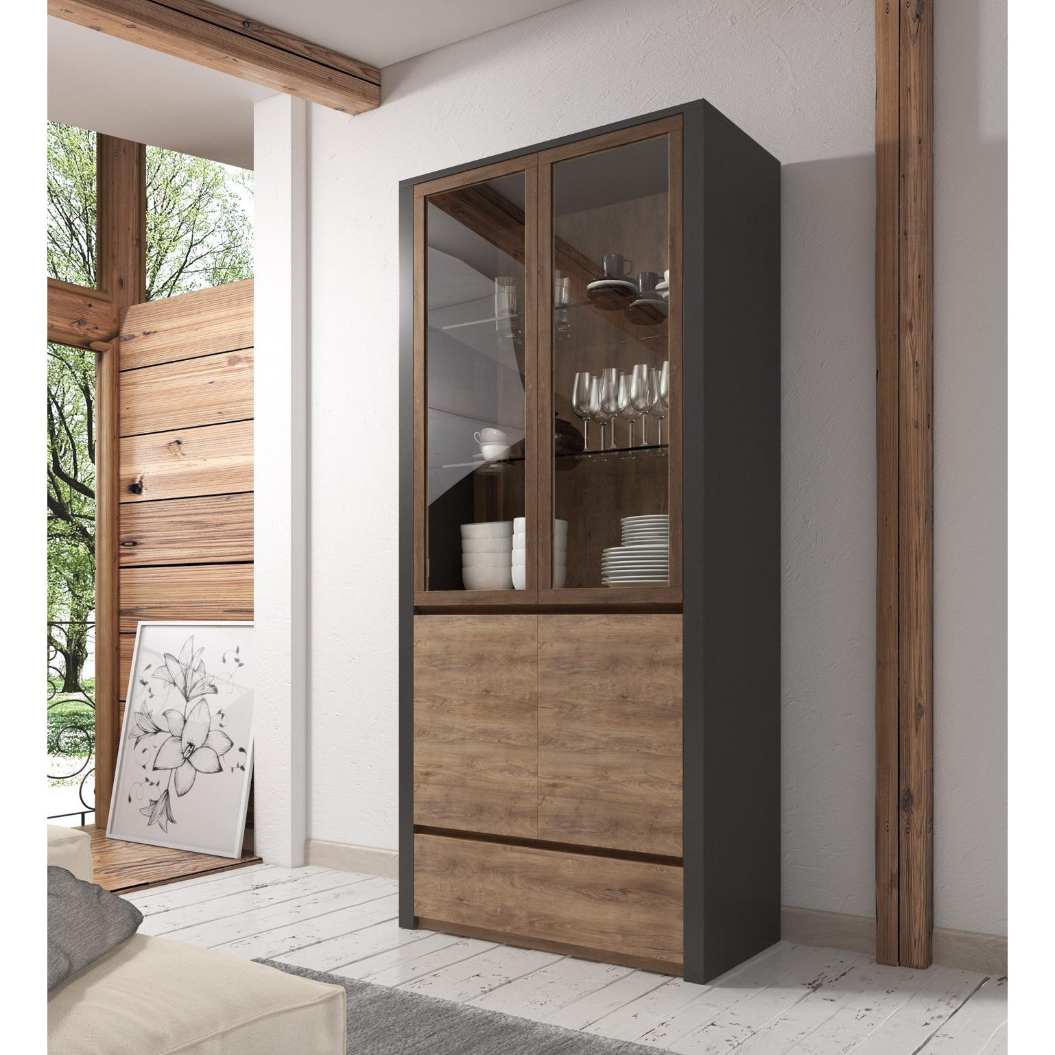 Meubella Vitrinekast Monaco - Eiken - Grijs - 90 cm