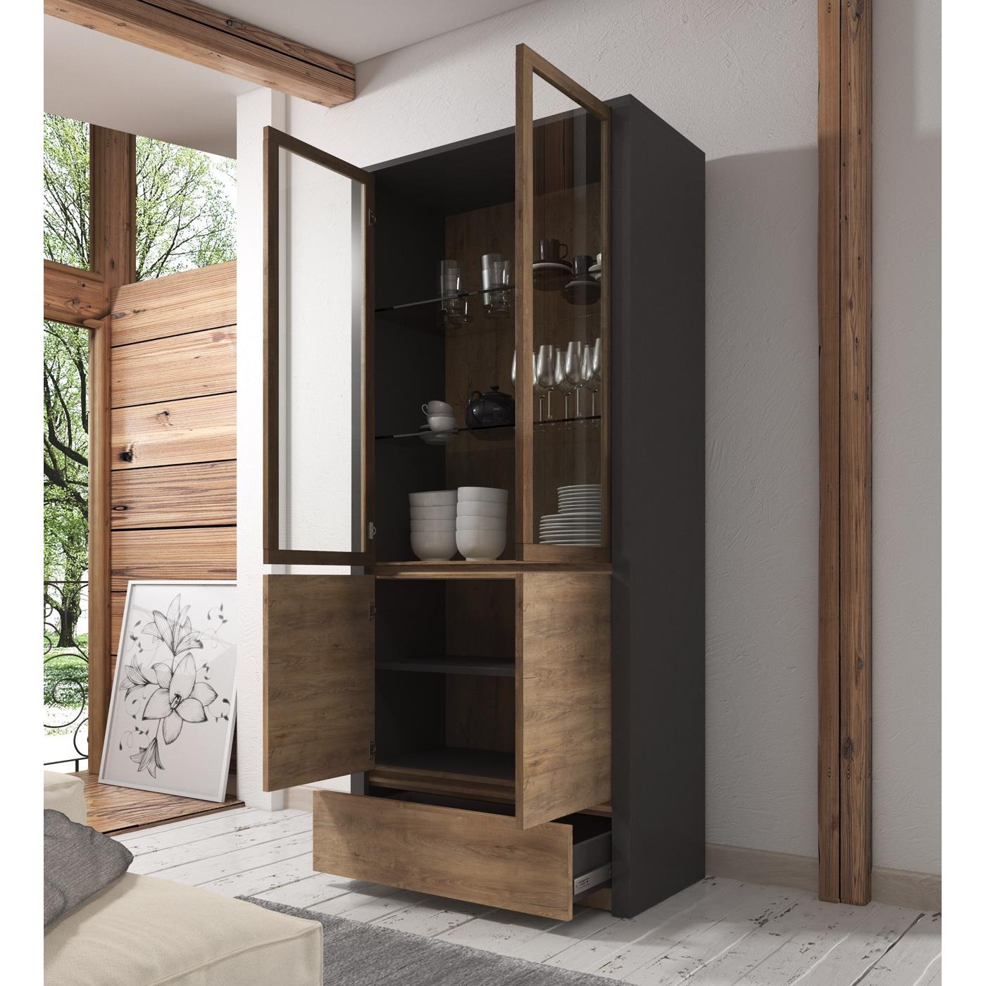 Meubella Vitrinekast Monaco - Eiken - Grijs - 90 cm