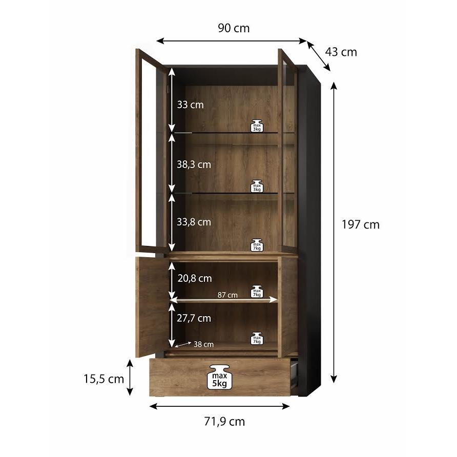 Meubella Vitrinekast Monaco - Eiken - Grijs - 90 cm
