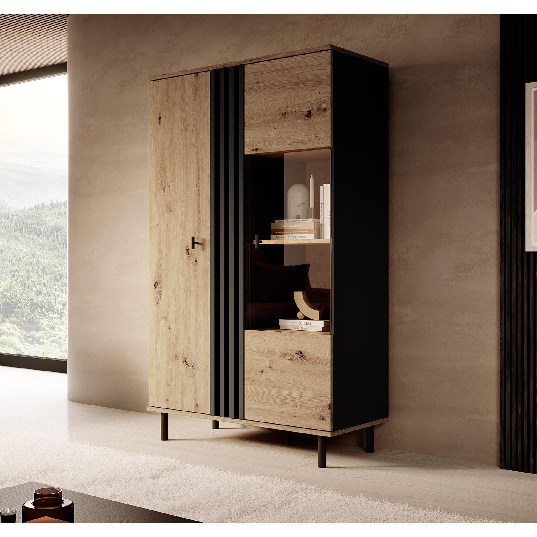 Meubella Vitrinekast Marcos - Eiken - Antraciet - 90 cm