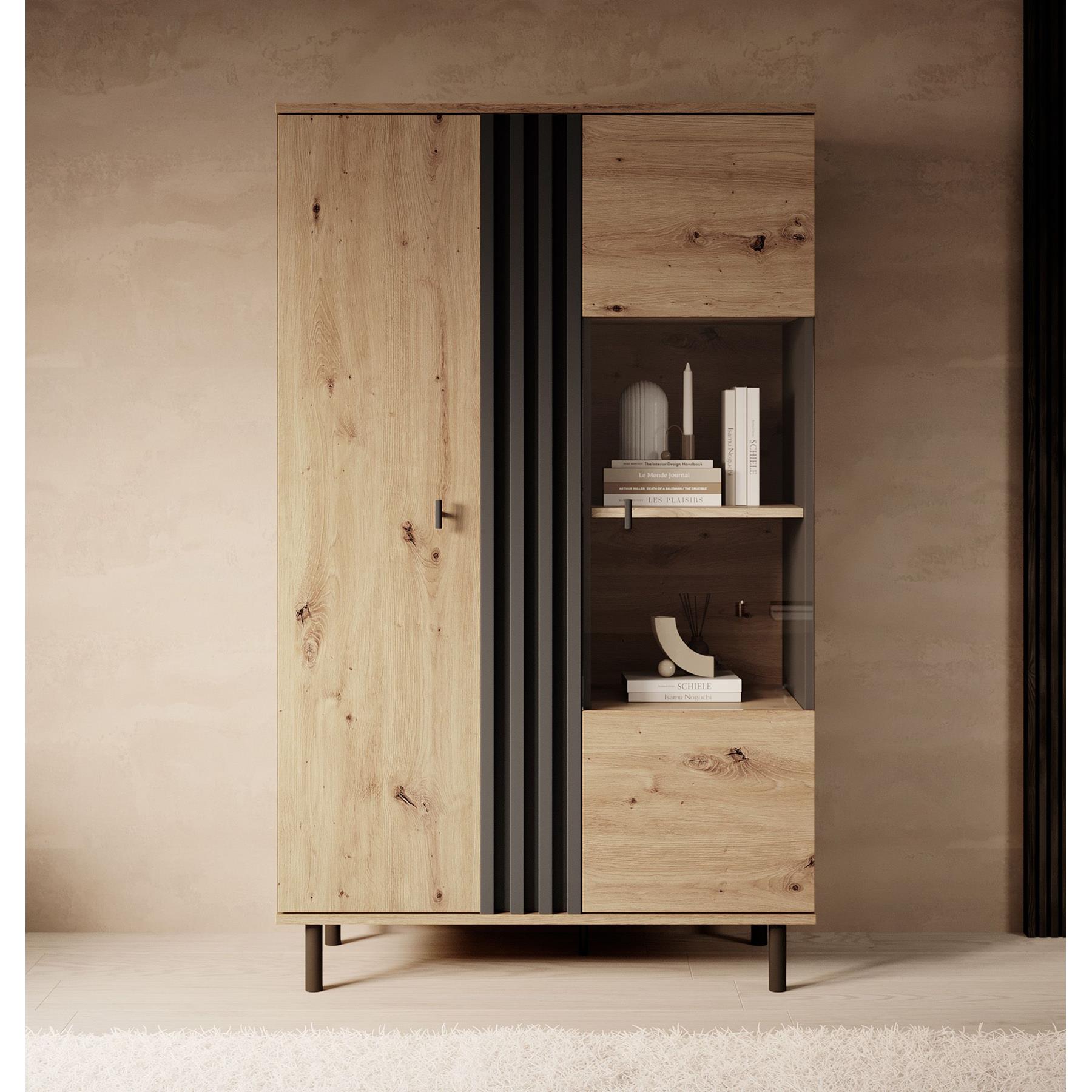 Meubella Vitrinekast Marcos - Eiken - Antraciet - 90 cm