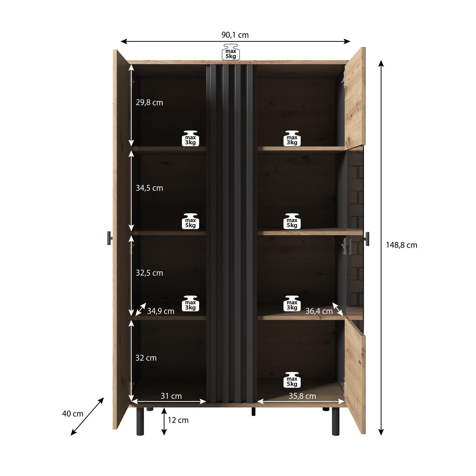 Meubella Vitrinekast Marcos - Eiken - Antraciet - 90 cm