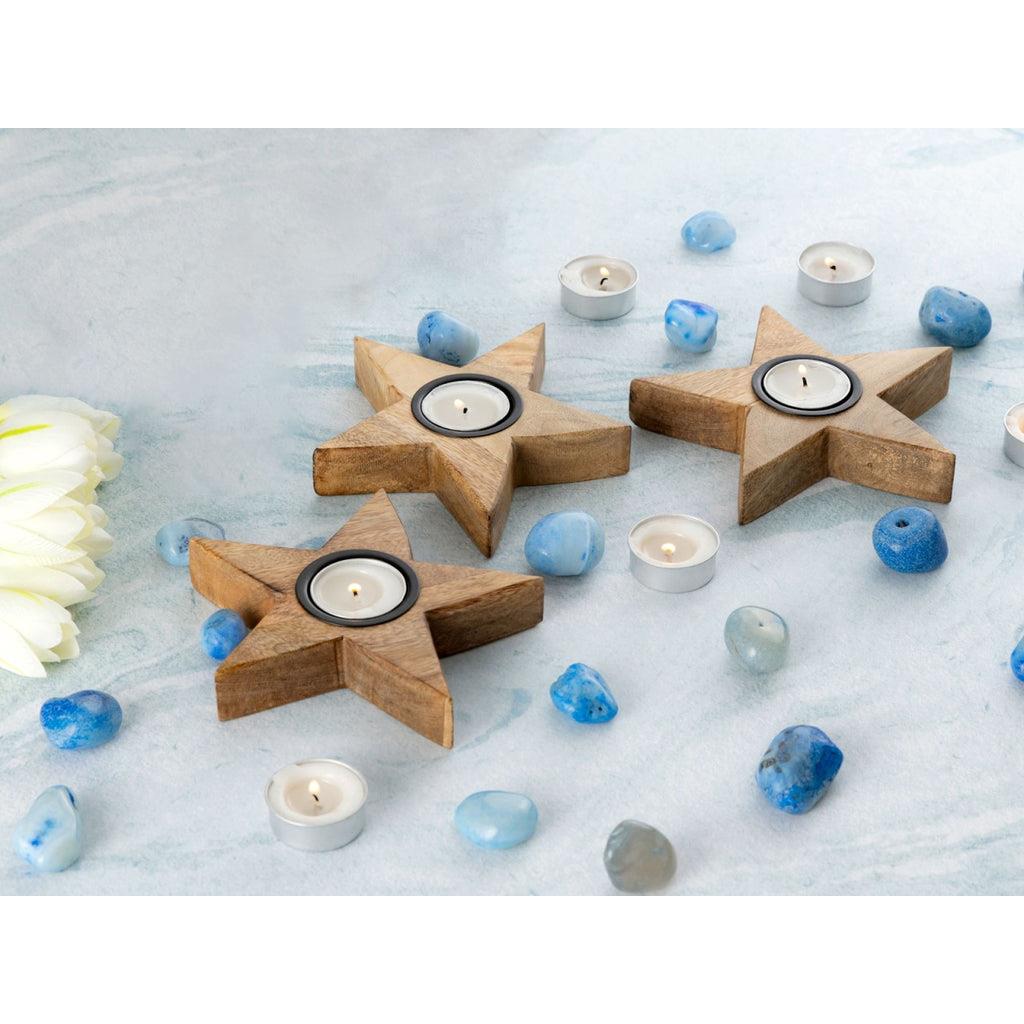 SVJ Windlicht - 15x15x3 cm - Hout - Naturel - Set van 3