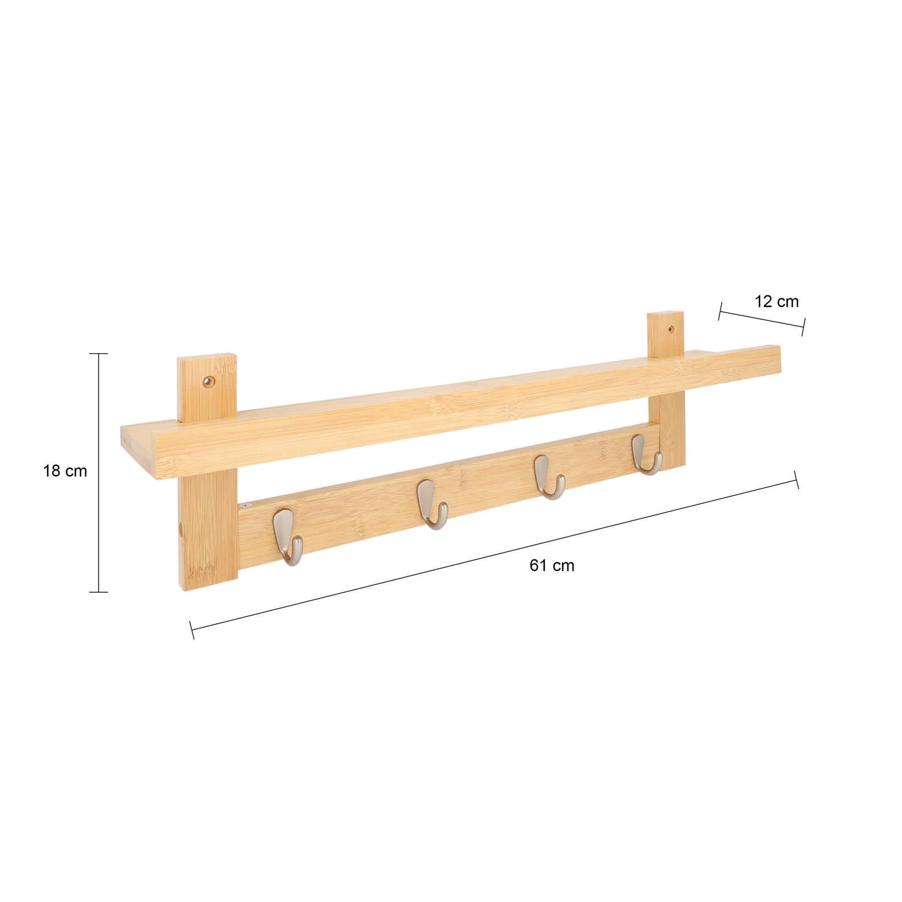 QUVIO Wandkapstok met plank met 4 RVS haken - Hout