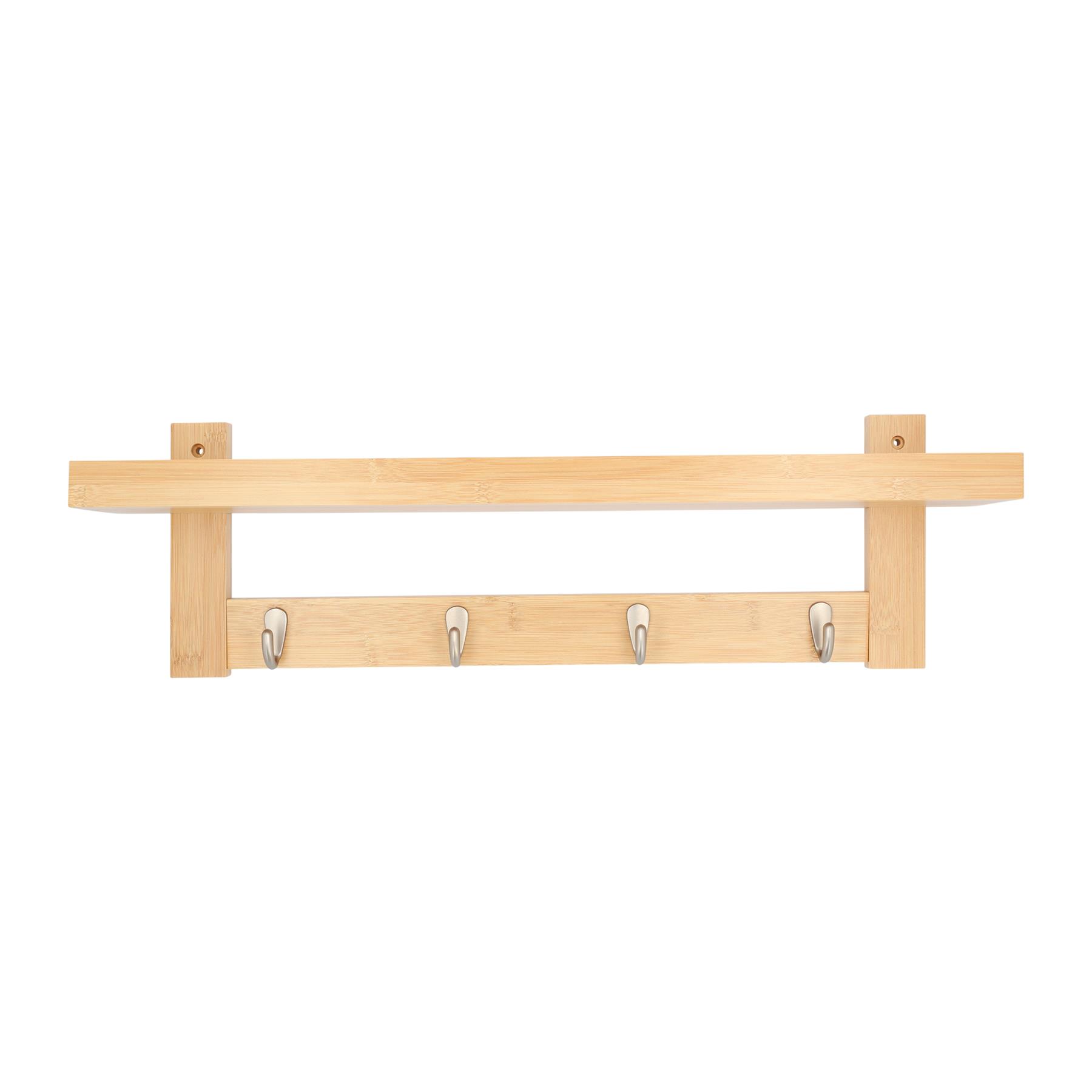 QUVIO Wandkapstok met plank met 4 RVS haken - Hout