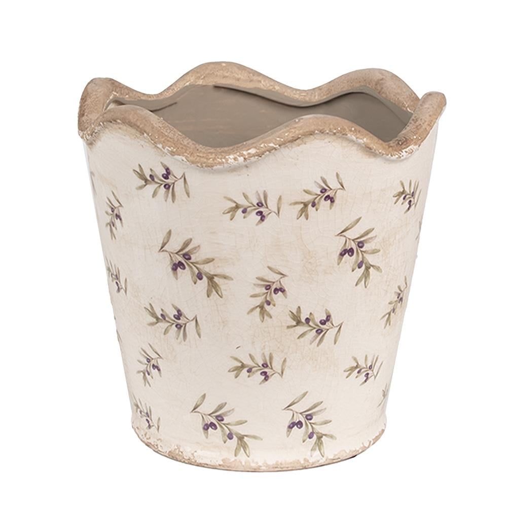 Clayre & Eef Bloempot Binnen  Ø 19x18 cm Beige Blauw Keramiek Olijven