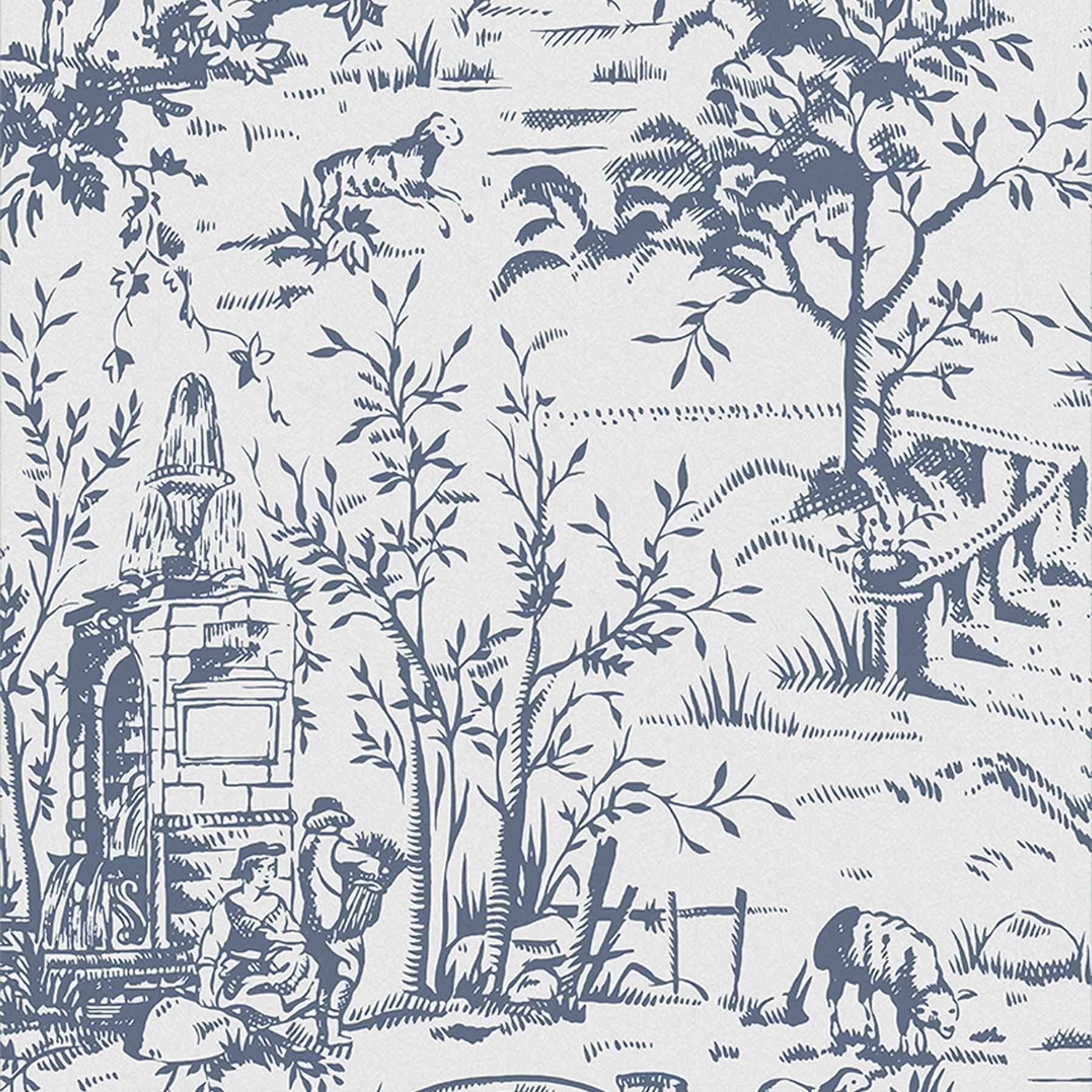 Laura Ashley Toile de Jouy Behang - Dieren - 10mx52cm - Blauw