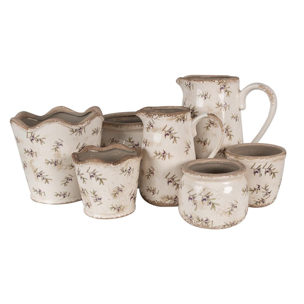 Clayre & Eef Bloempot Binnen  Ø 19x18 cm Beige Blauw Keramiek Olijven