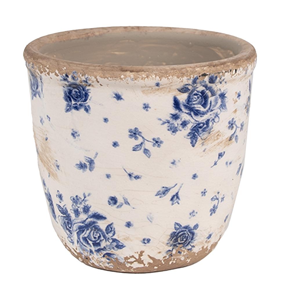 Clayre & Eef Bloempot  Ø 11x10 cm Beige Blauw Keramiek Roosjes