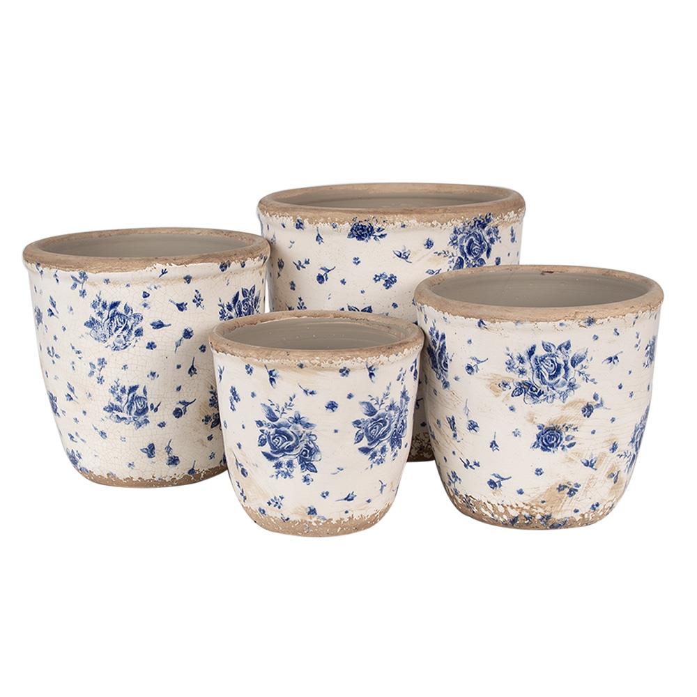 Clayre & Eef Bloempot  Ø 11x10 cm Beige Blauw Keramiek Roosjes