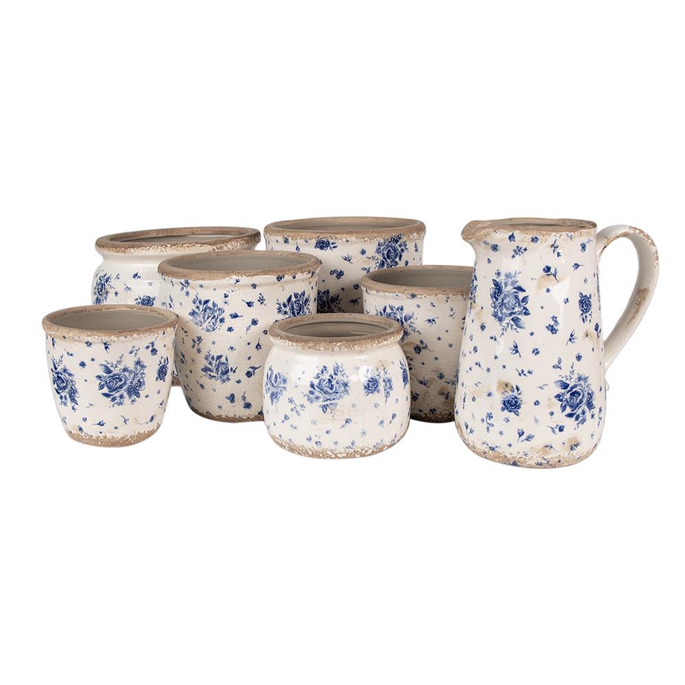 Clayre & Eef Bloempot  Ø 11x10 cm Beige Blauw Keramiek Roosjes