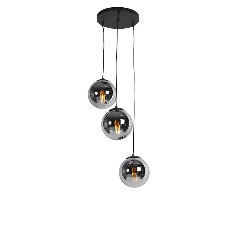 QAZQA Smart hanglamp zwart met smoke glas 3-lichts incl. Wifi ST64 -