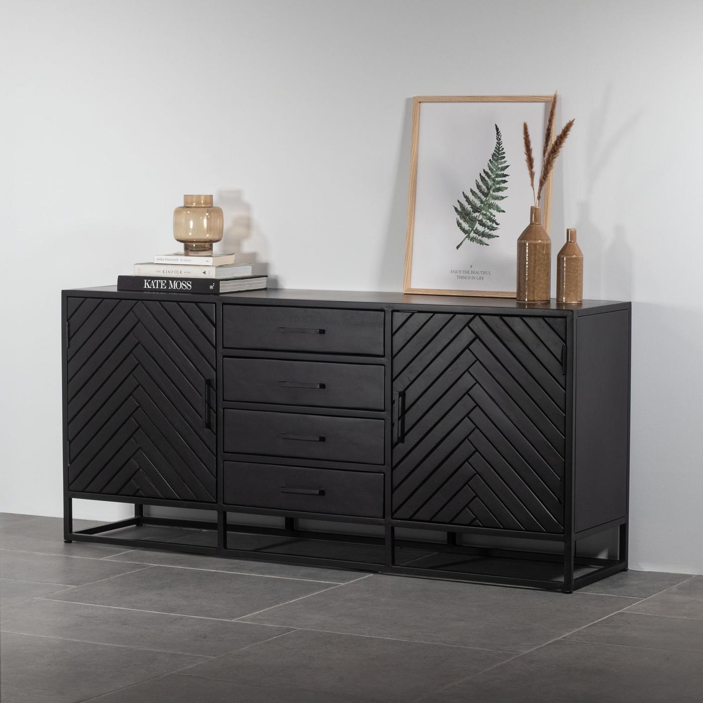 Giga Meubel - Dressoir Zwart Visgraat - Mangohout - 165x40x75cm