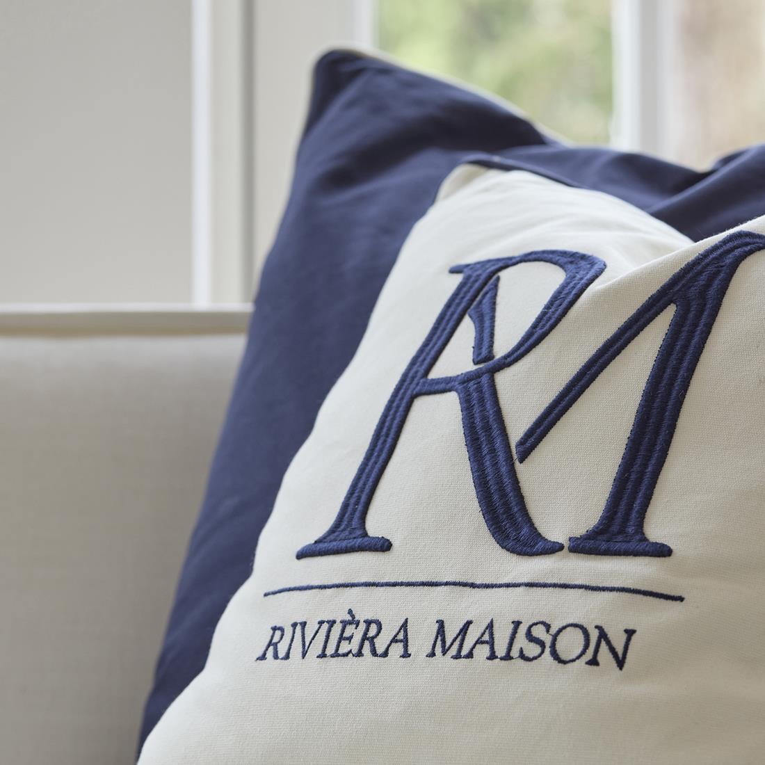 Riviera Maison Kussenhoes wit met blauw tekst 50x50 - RM Monogram