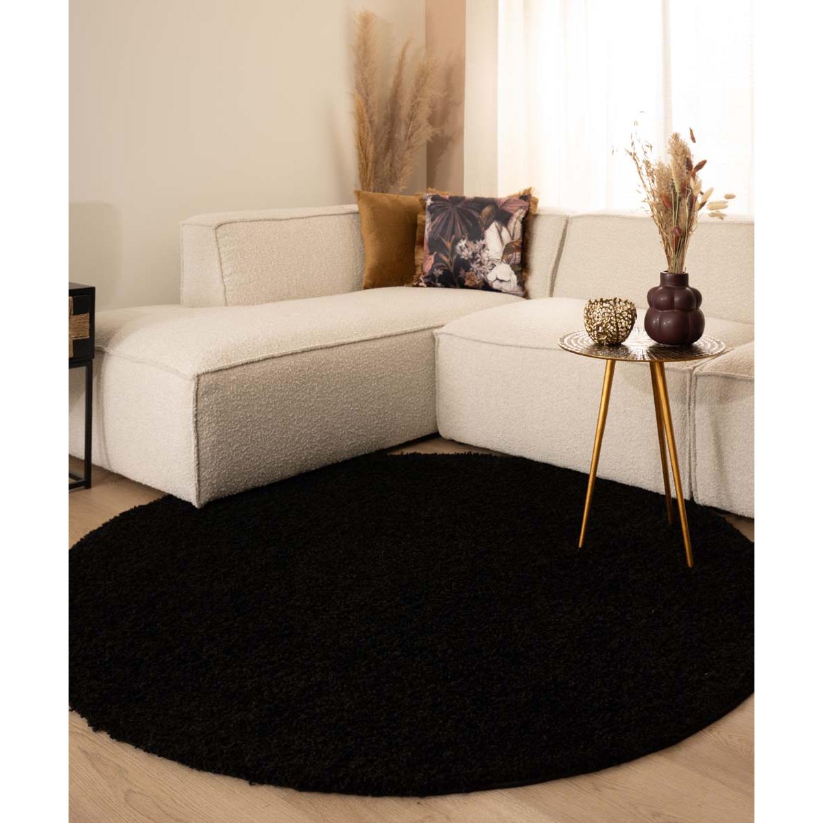 Tapeso Rond hoogpolig vloerkleed shaggy Trend effen - zwart - 200 cm