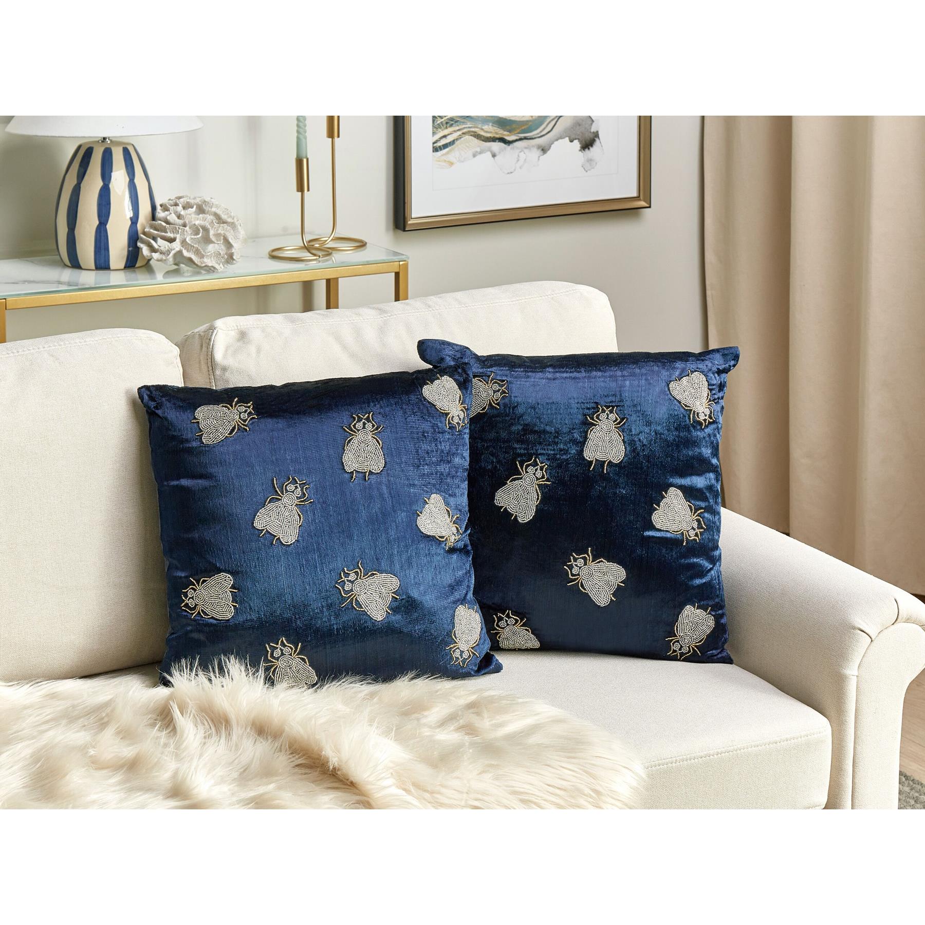 Beliani-PENTAS-Sierkussen set van 2-Blauw|Zilver- 45 x 45 cm-Fluweel