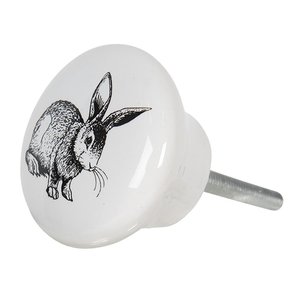 Clayre & Eef Deurknop  Ø 4 cm Wit Keramiek Rond Konijn Meubelknop