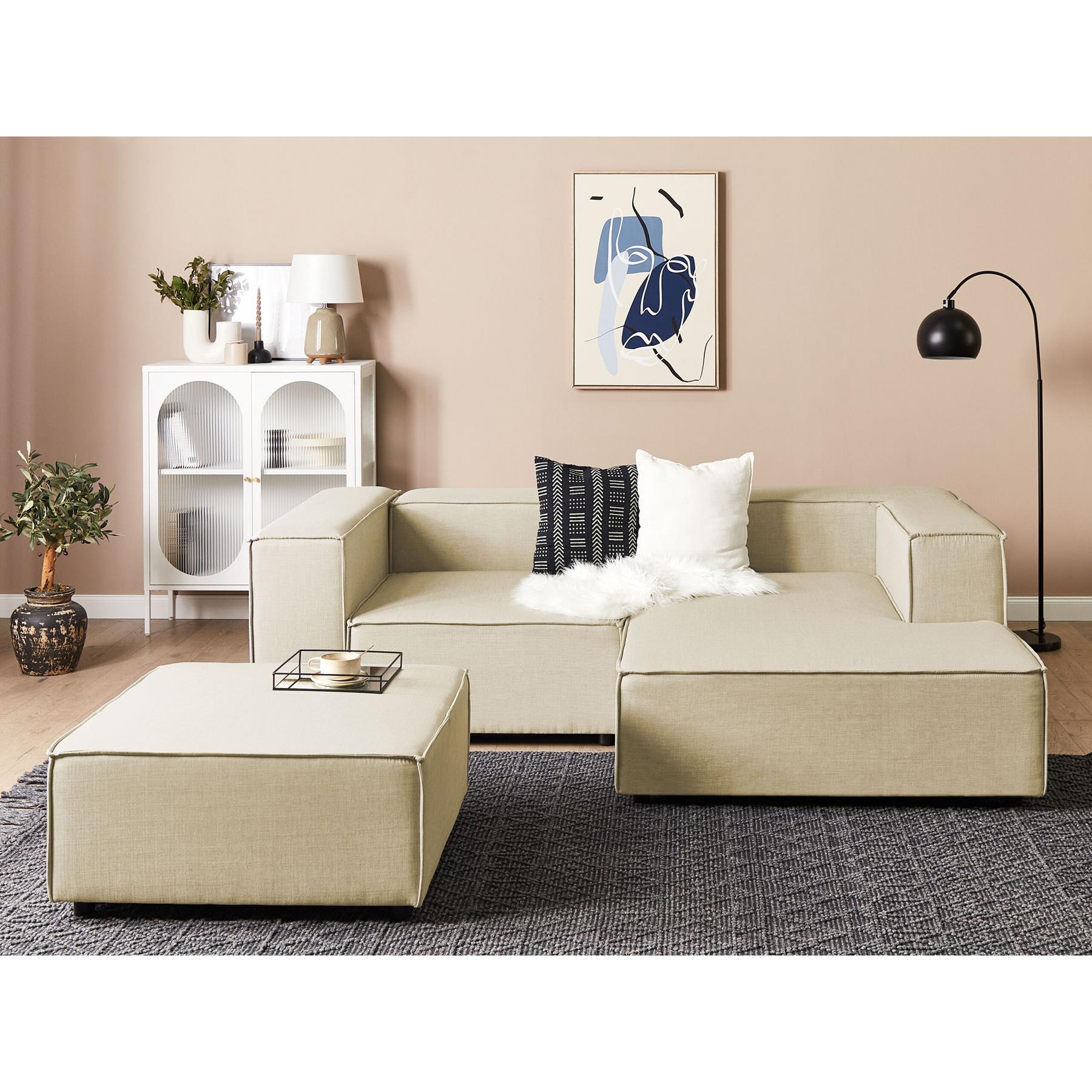 Beliani-APRICA-Tweezitsbank met ottomaan-Beige-Linkerzijde-Linnen
