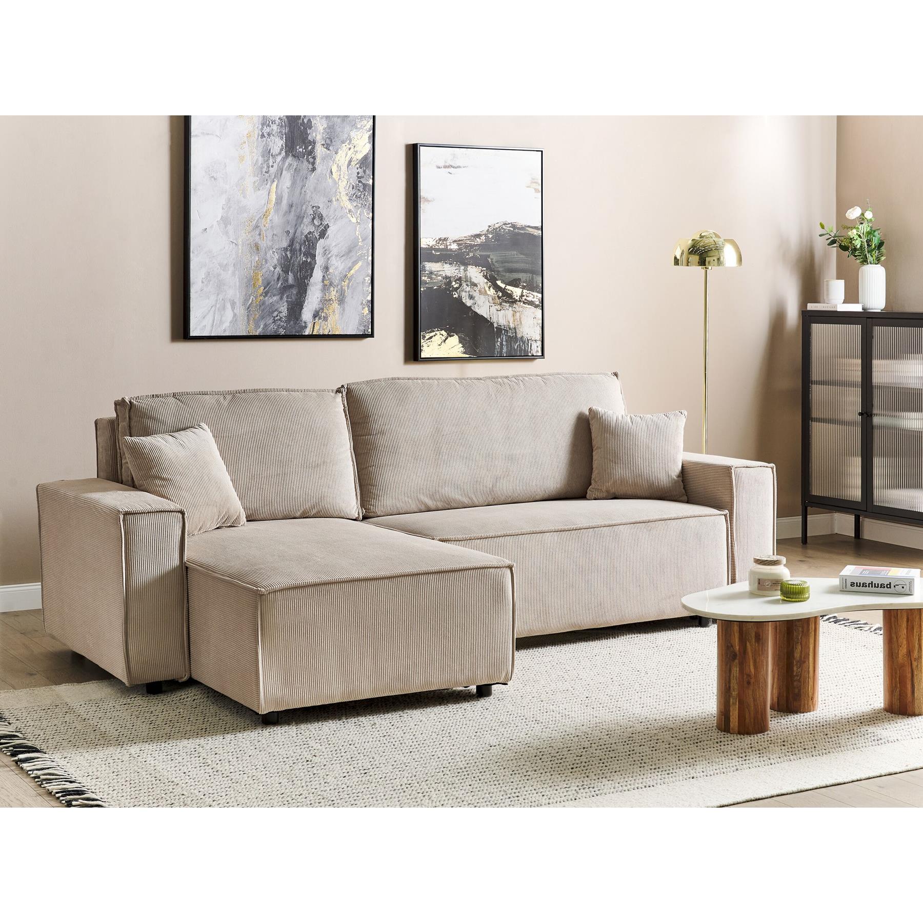 Beliani - ABACKA - Slaapbank - Beige - Rechtszijdig - Corduroy