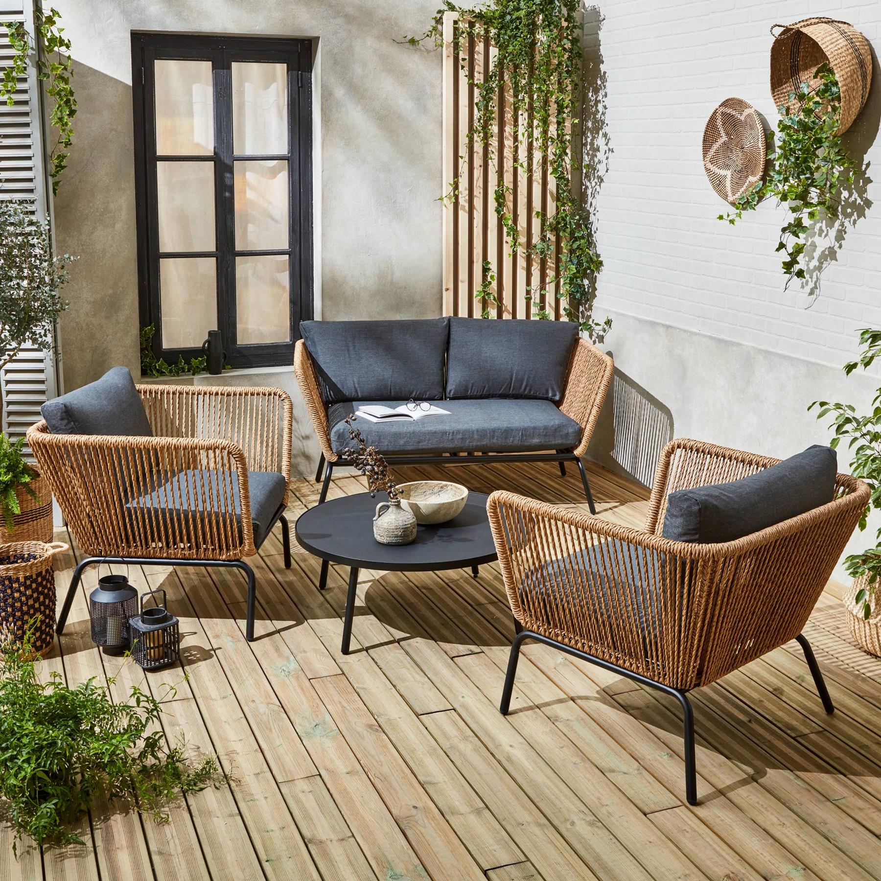 sweeek - Lage tuinmeubelset, rotan effect geweven hars, 4 zitplaatsen