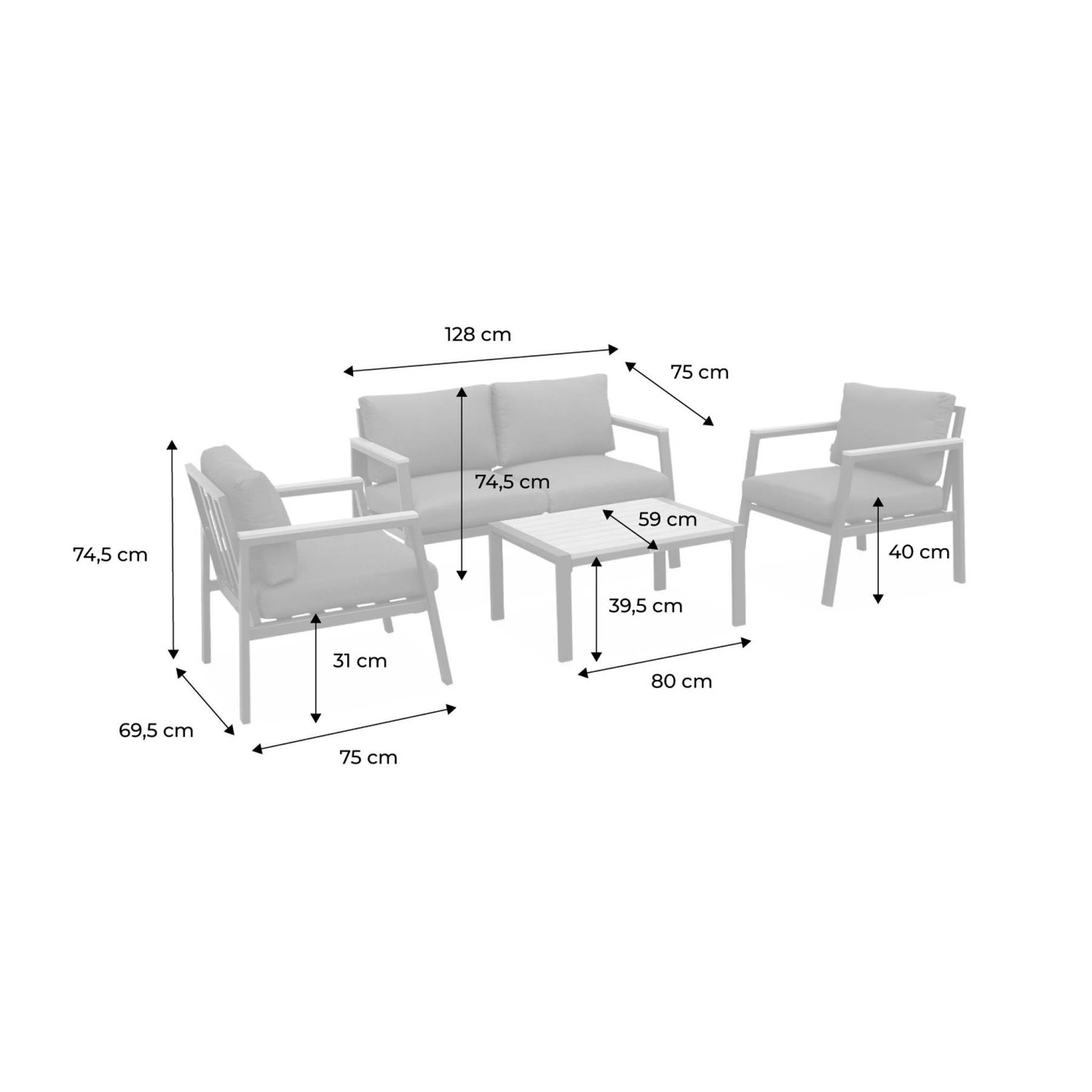 sweeek - Loungeset, 4-zits, 1 bank, 2 fauteuils, 1 salontafel