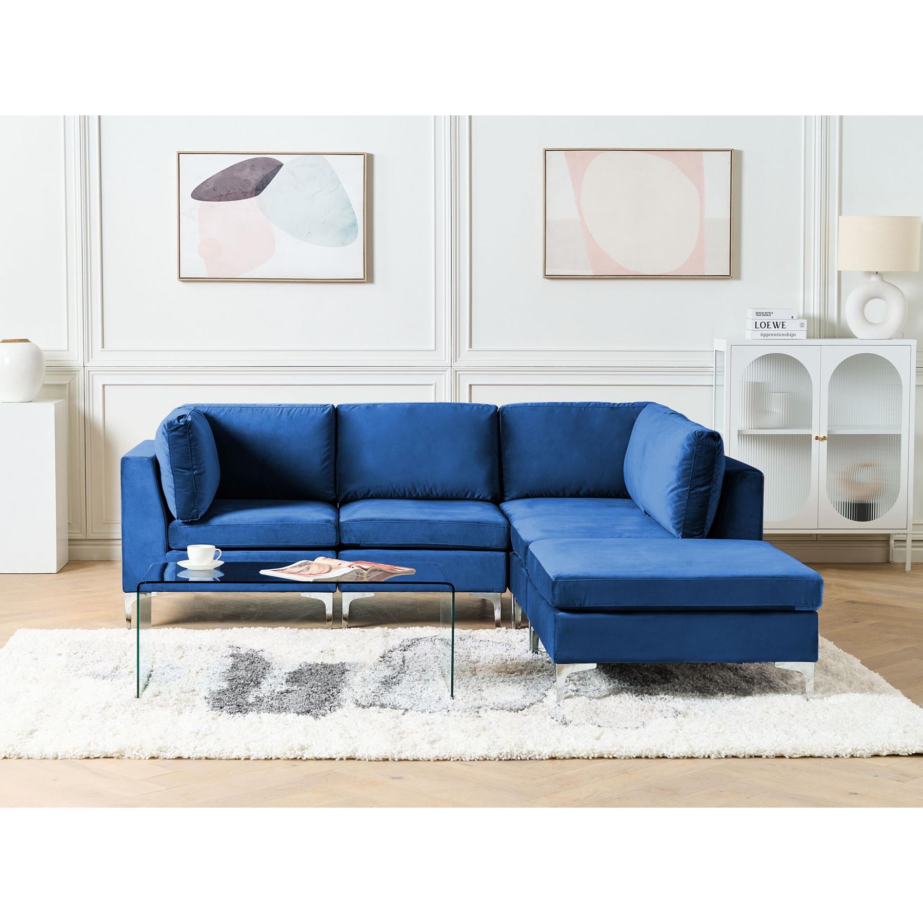 Beliani-EVJA-Hoekbank met ottomaan 4-zits-Marineblauw-Linkerzijde-Fluweel