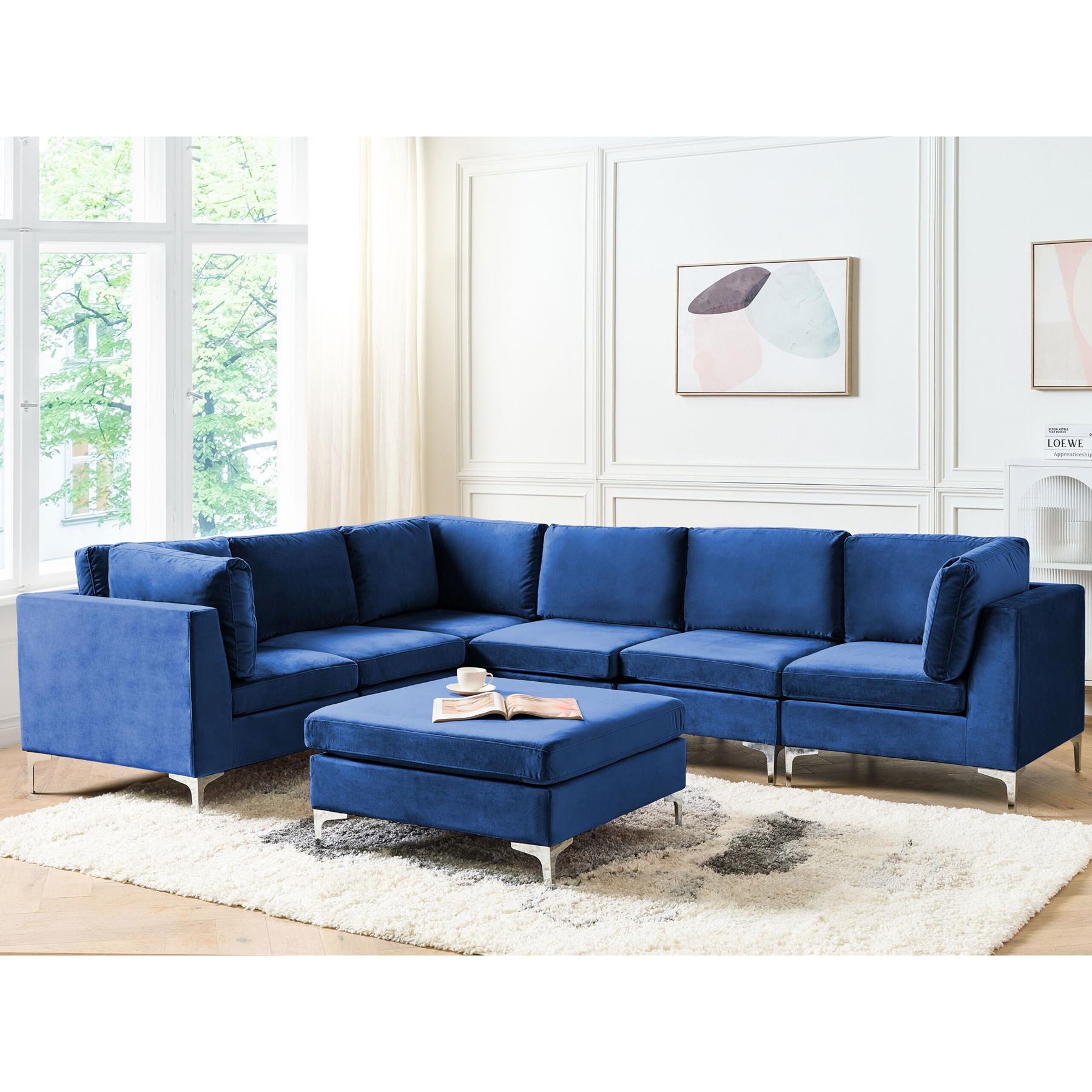 Beliani-EVJA-Hoekbank met ottomaan-Marineblauw-Rechterzijde-Fluweel